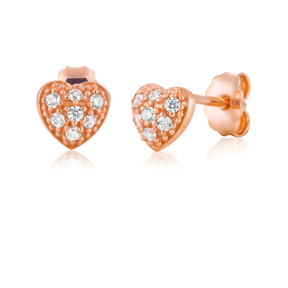 9ct Rose Gold Silver Filled Heart Cubic Zirconia Stud Earrings - Perfect for Valentine's Day Gifts, Anniversary Presents & Everyday Elegance