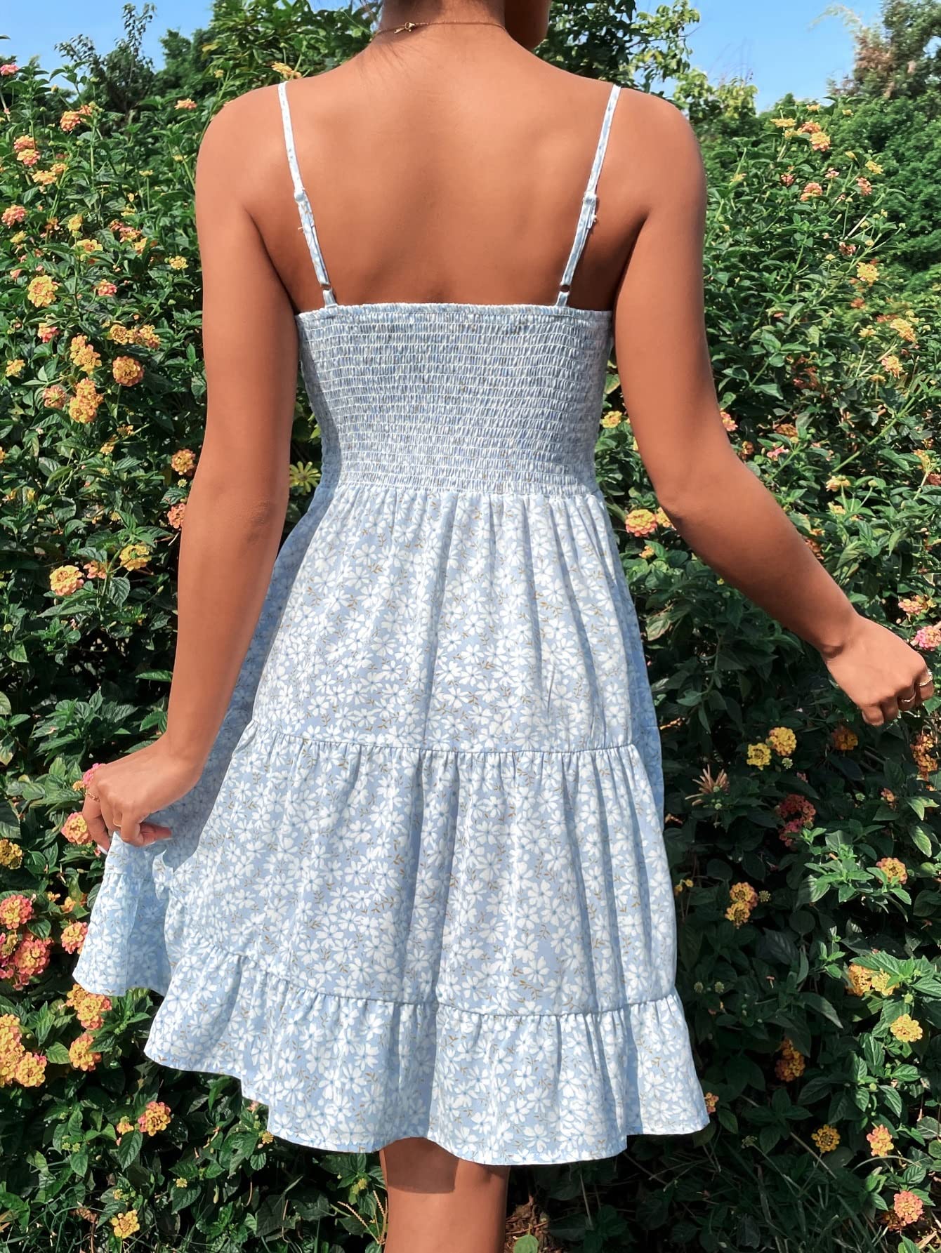 Boho Floral Print Ruched Bust Ruffle Hem Cami Dress for Women - Perfect for Summer Vacations, Beach Getaways & Boho Chic Outfits