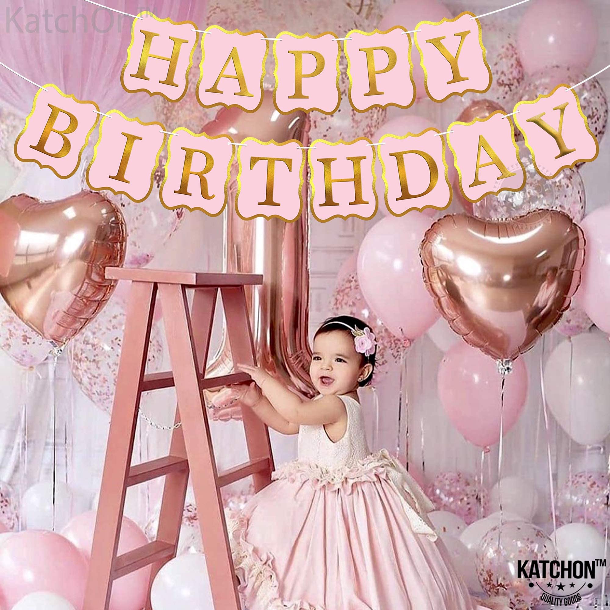 KatchOn Pink Happy Birthday Banner - 10ft Premium Party Backdrop Sign, No DIY Required | Complete Birthday Party Decorations Kit | Perfect for Indoor/Outdoor Celebrations, Baby Showers & Anniversary Parties