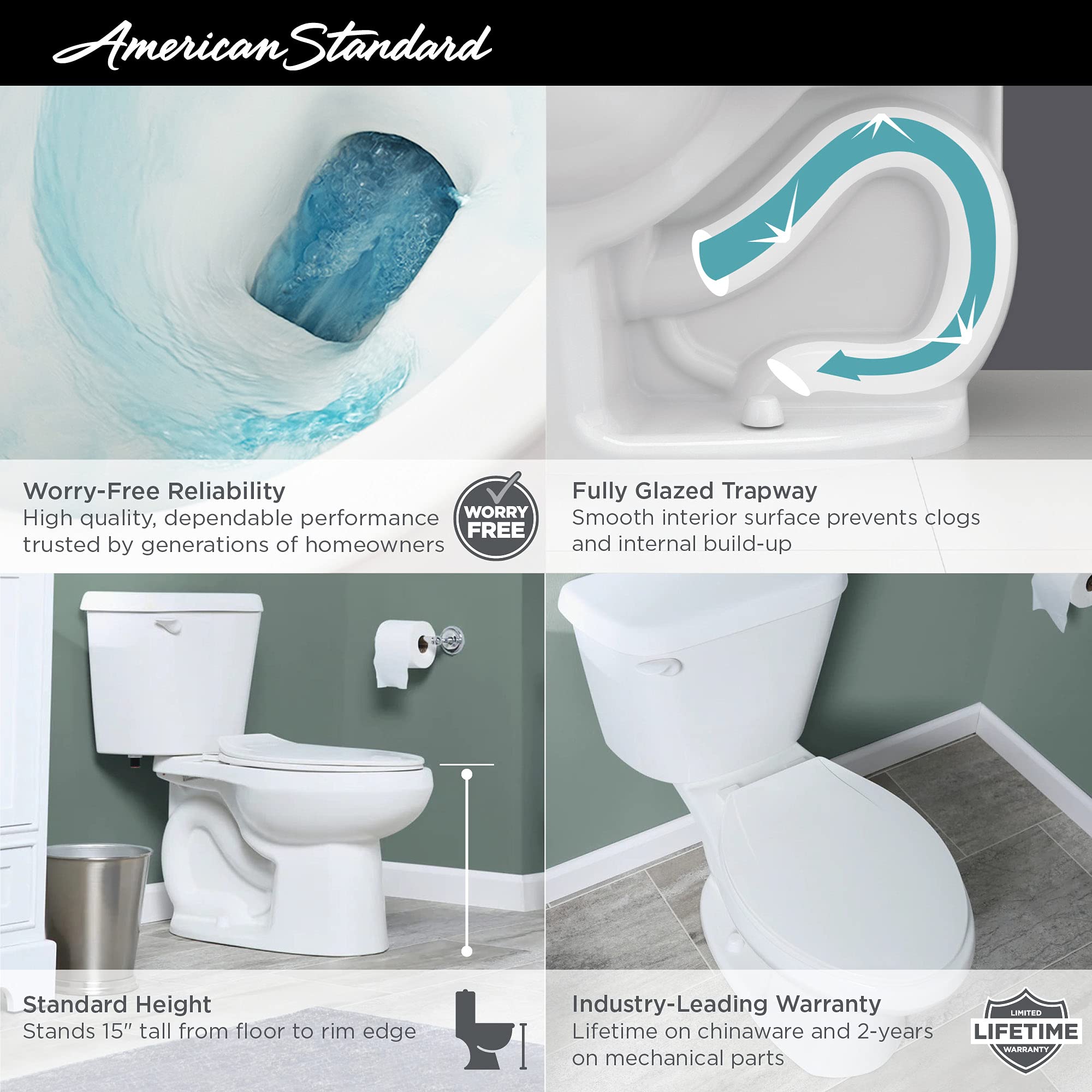 American Standard 221DA004.021 Elongated Toilet with SoftClose Seat - Water Efficient 1.28 GPF Flush - Bone White Color - Perfect for Modern Bathrooms & Small Spaces