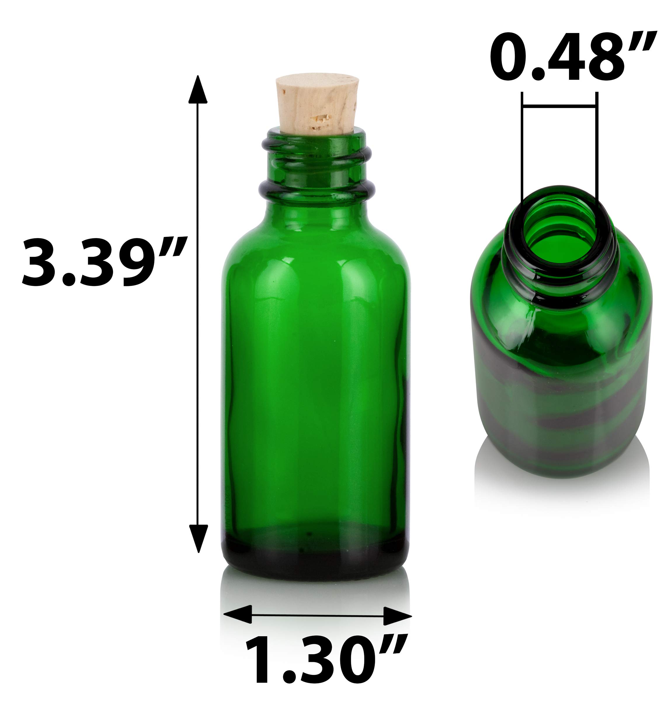 JUVITUS 4-Pack 1 oz (30 ml) Green Glass Boston Round Bottles with Cork Stoppers & Funnel - Essential Oil, Perfume, DIY Craft Storage Solution