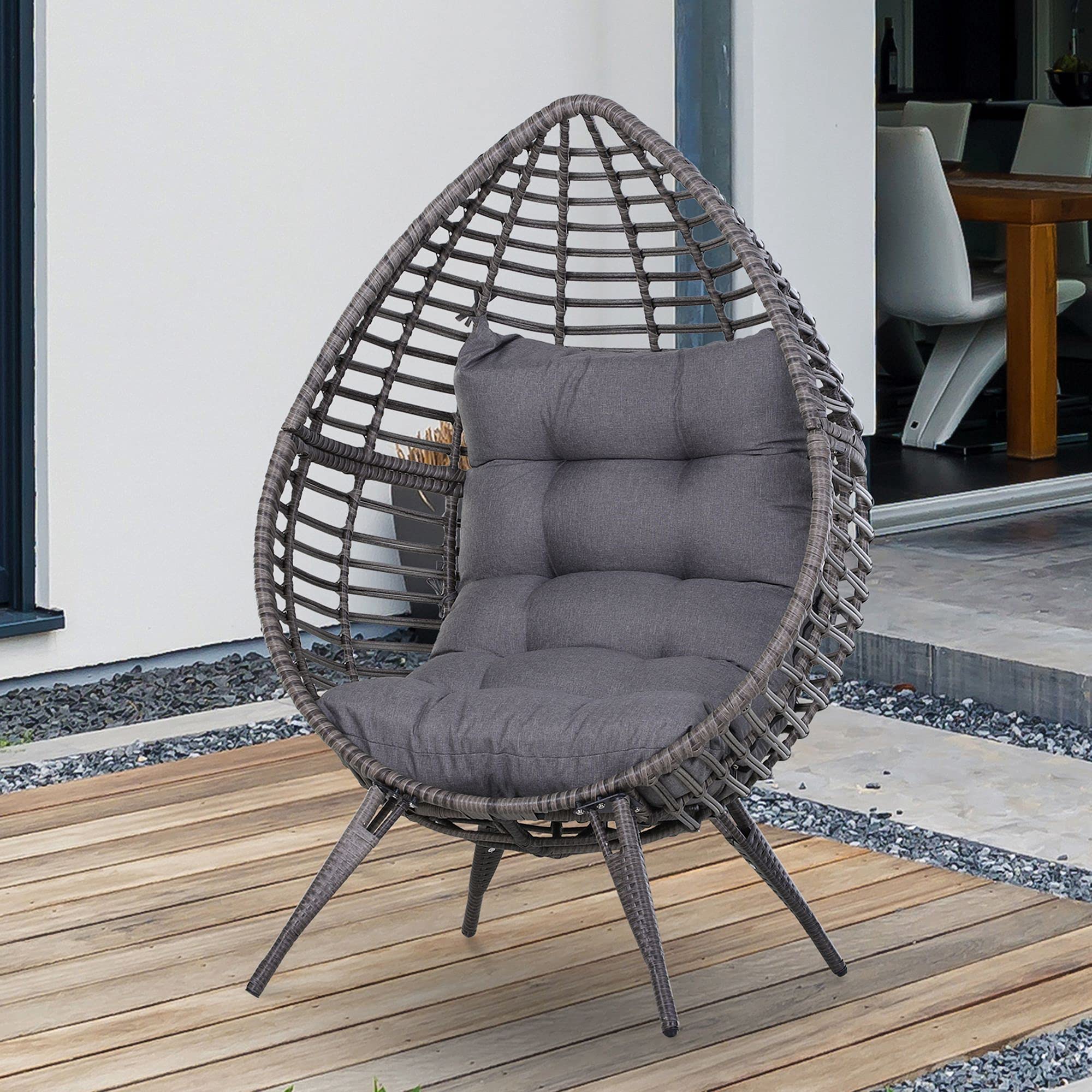 Outsunny Gray PE Wicker Egg Chair with Soft Cushion - Adjustable Height Teardrop Patio Chair for Indoor/Outdoor Use - Perfect for Porch, Garden, or Balcony Relaxation