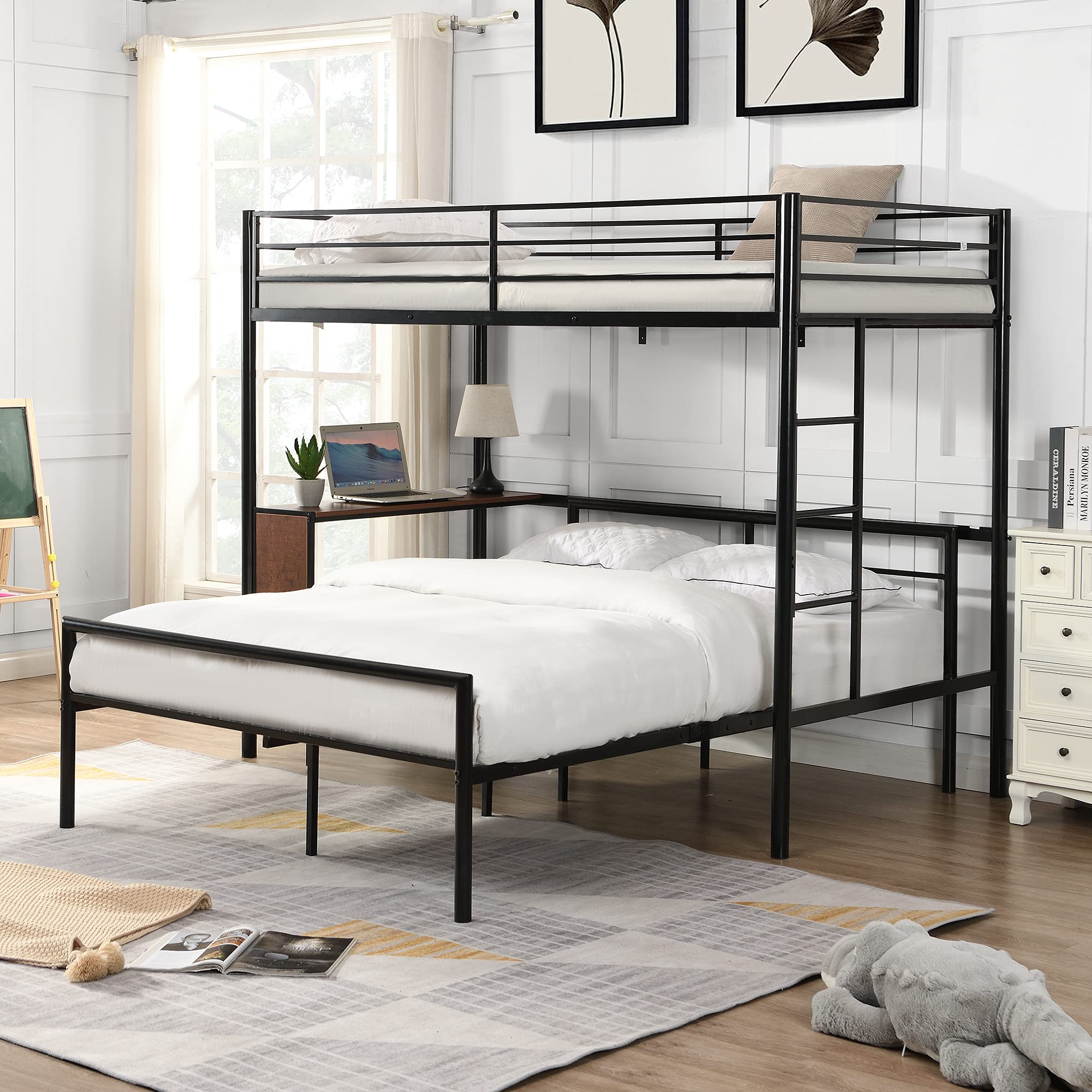 Metal Bunk Bed with Built-in Desk | Twin Over Full Bunk Bed Frame | Guardrail & Flat Step Ladder | Convertible to Separate Loft & Platform Bed (Black) - Space-Saving Solution for Kids' Bedrooms, Dorms & Small Apartments