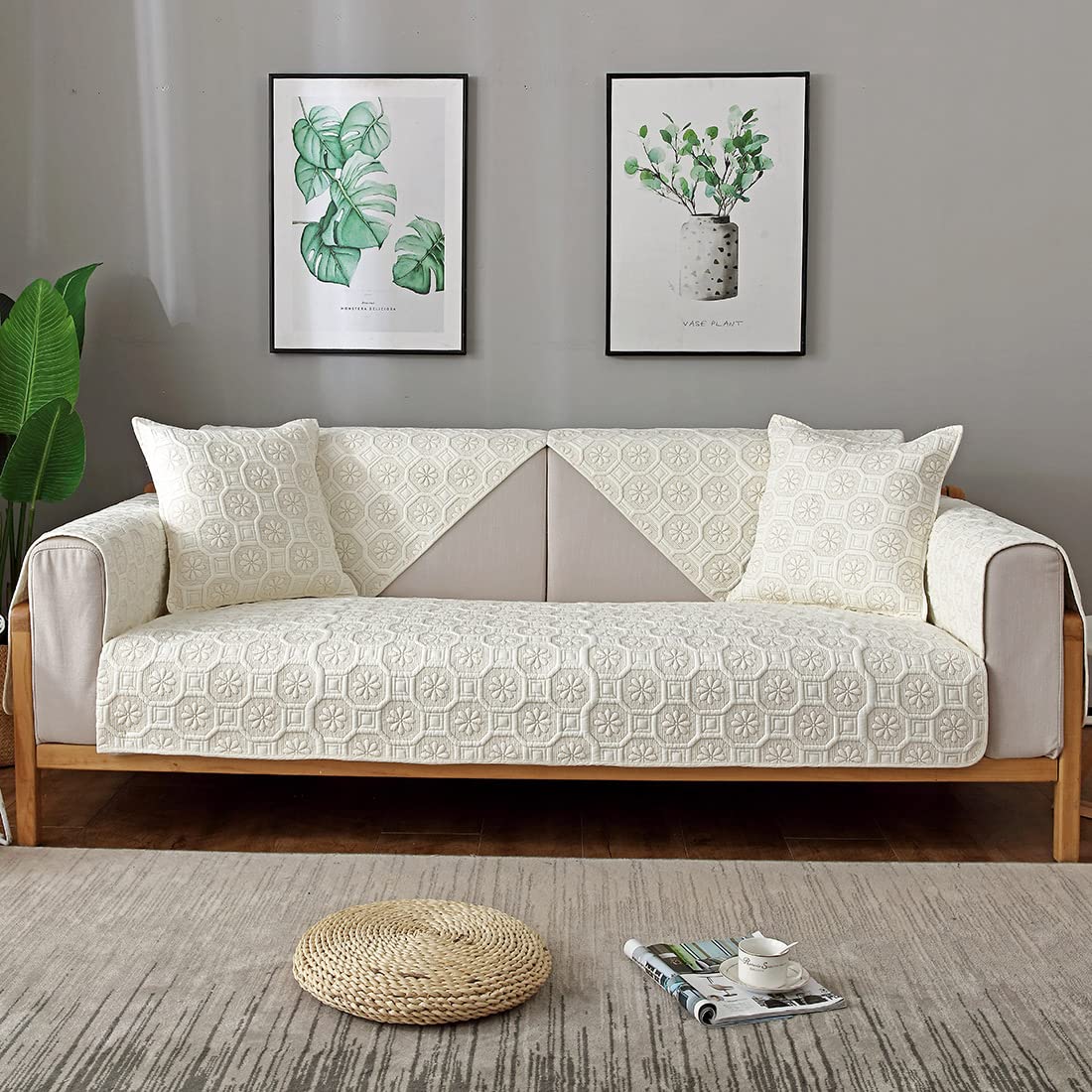VCTOPS Geometric Embroidery Cotton Sofa Cover - Farmhouse Style Sectional Couch Slipcover for Pets, Fits L-Shaped & Recliner Sofas (43