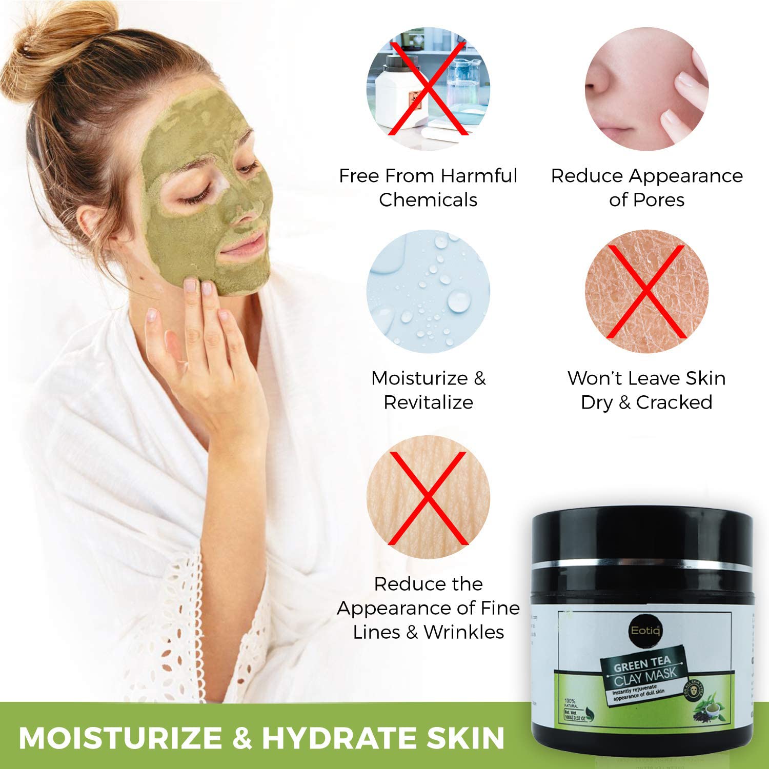 Eotiq Green Tea Clay Mask - Deep Cleansing Blackhead Remover, Pore Minimizer & Acne Treatment for Wrinkles & Blackheads (100g) | Detoxifying Facial Mask for Oily & Combination Skin | Spa Day & Self-Care Essential