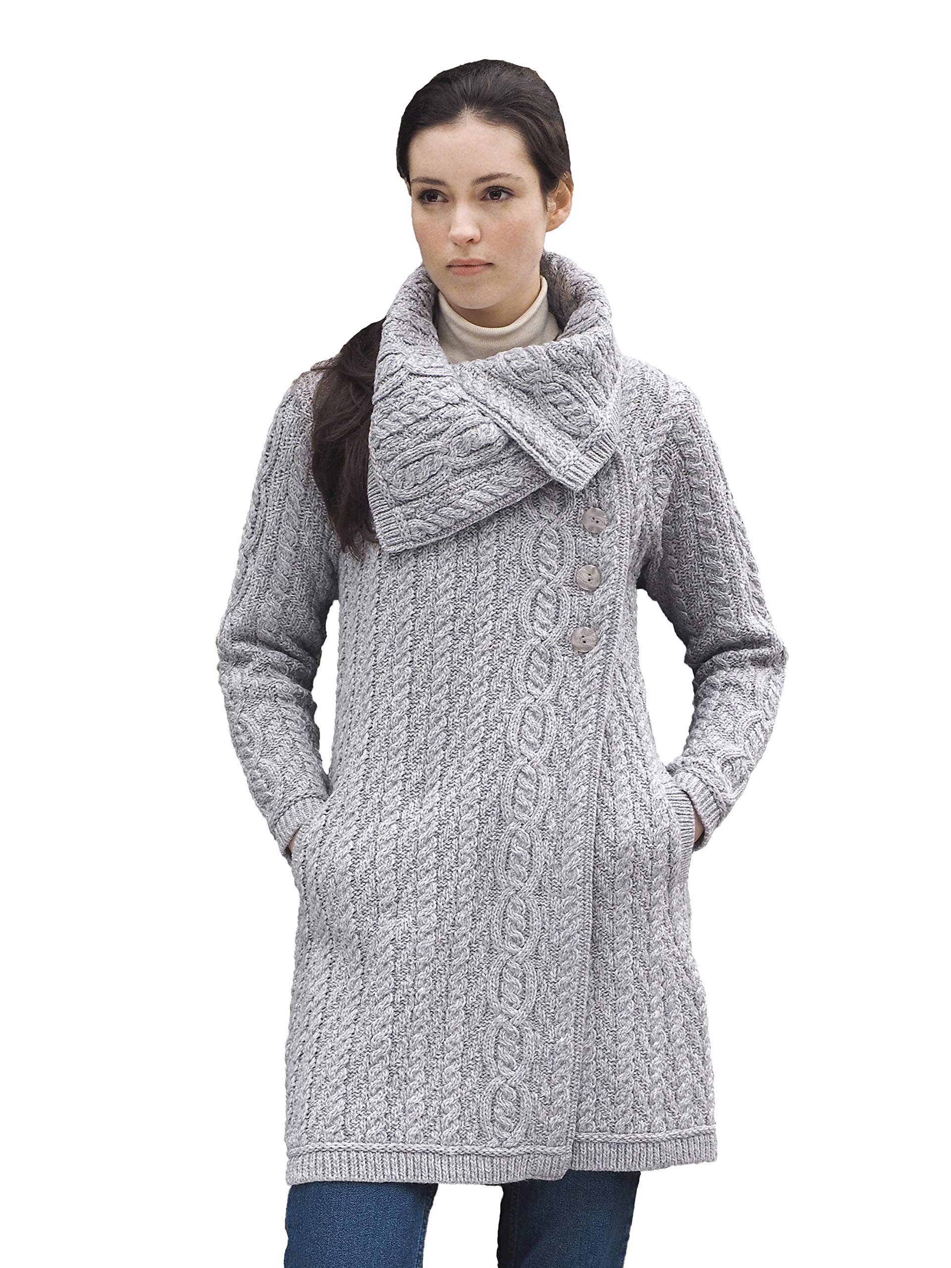 Aran Crafts Women's Cable Knit Soft Collar 3 Button Coat - 100% Merino Wool Winter Warm Coat for Women - Perfect for Office, Dating & Holiday Outfits