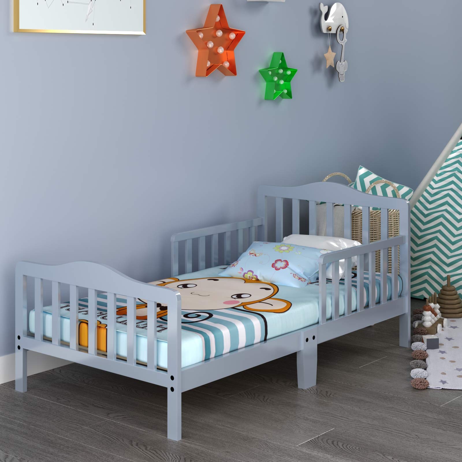HONEY JOY Solid Rubber Wood Toddler Bed Frame with Safety Guardrail - Fits Full Size Crib Mattress (Not Included) | Classic Kids Bedroom Furniture for Boys & Girls | Perfect for Nursery, Daycare or Children's Bedroom (Gray)