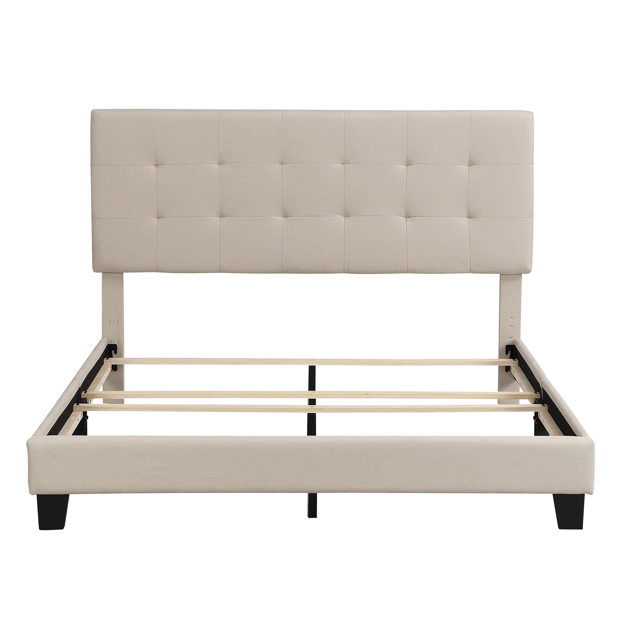 Rhomtree Queen Size Bed Frame with Tufted Headboard - Linen Upholstered Platform Bed with Wooden Slats Support | No Box Spring Needed | Easy Assembly (Beige) | Perfect for Master Bedrooms, Guest Rooms & Modern Home Decor