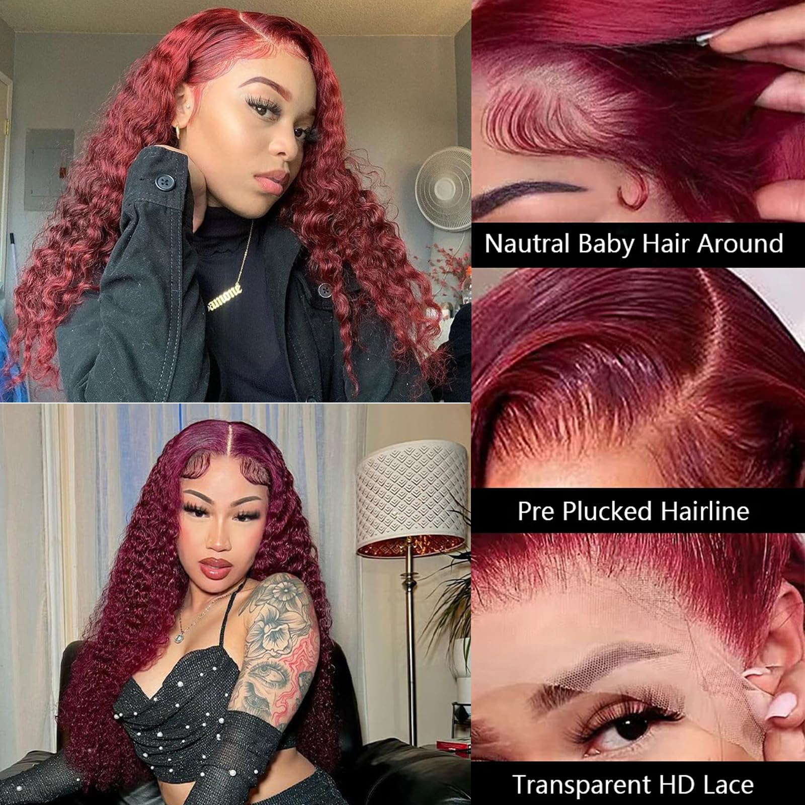 28 Inch Deep Wave Lace Front Wigs Human Hair - 13x4 Burgundy Pre Plucked 99J Lace Front Wig with 180% Density for Women | Natural Looking Curly Human Hair Wig for Daily Wear, Cosplay & Special Occasions