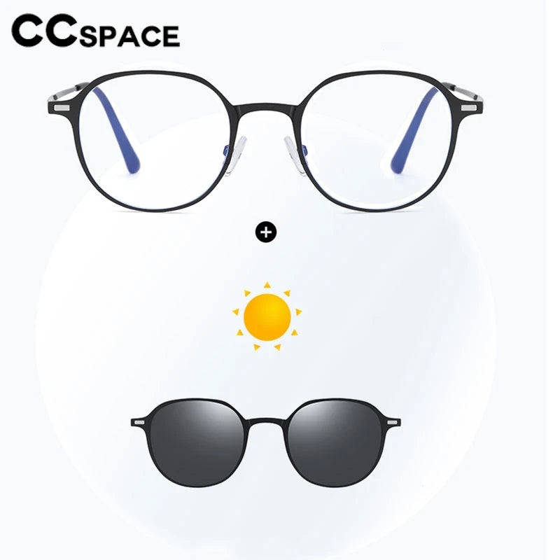 CCspace Women's Full Rim Round Alloy Eyeglasses with Clip-On Sunglasses - Stylish Prescription Glasses & UV Protection Shades for Work, Driving, and Outdoor Activities (Model 302078)