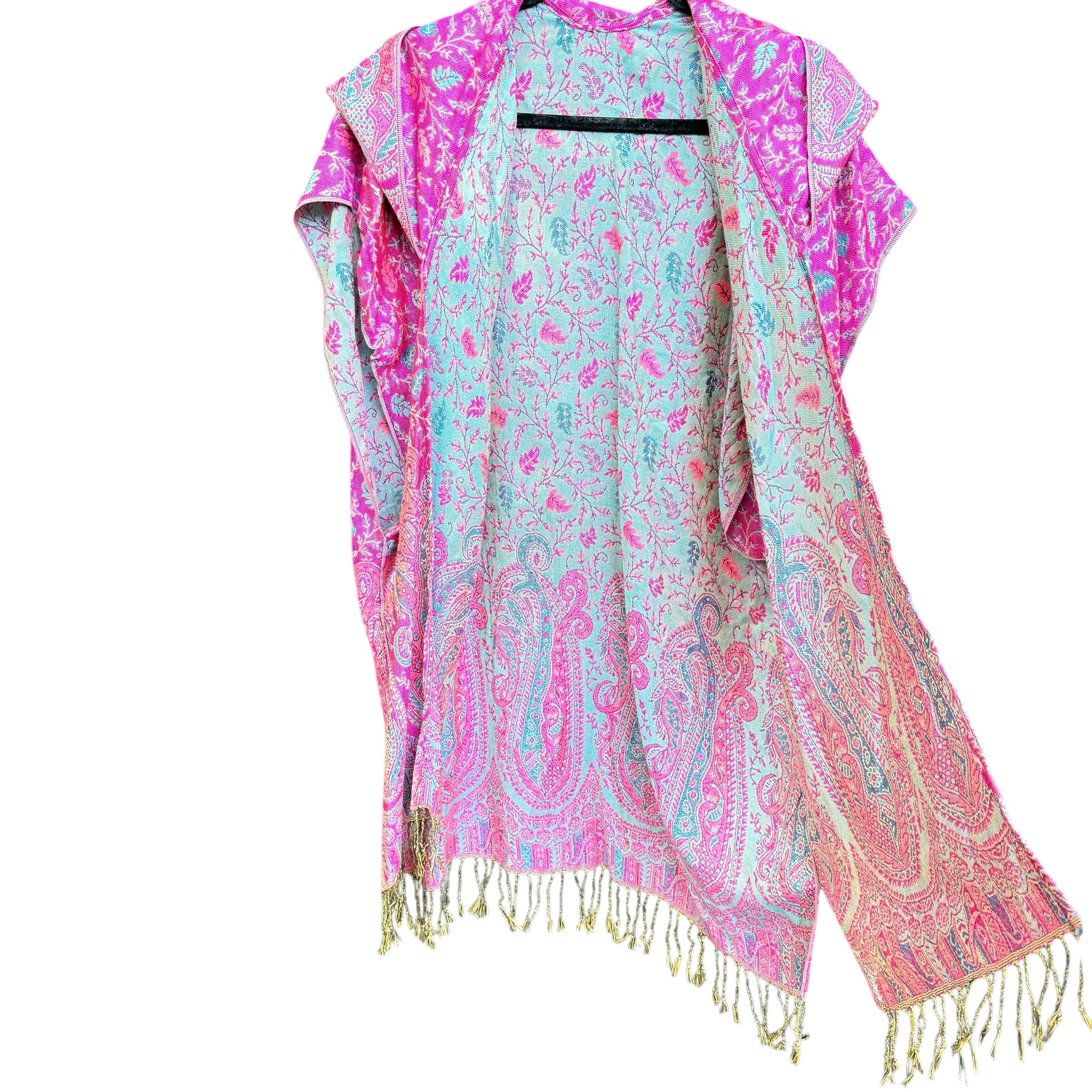 Egyptian Cotton Pashmina Hooded Kimono - Soft & Lightweight Women's Cover Up for Beach, Lounge & Yoga - Pink & Teal Boho Style