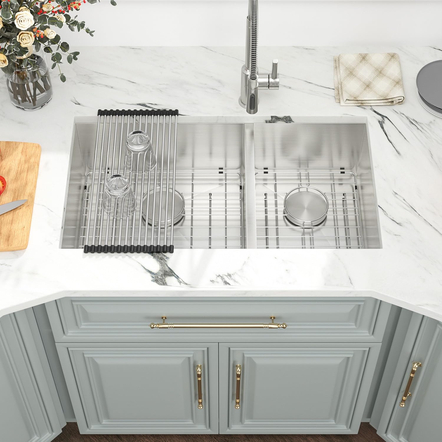 Kichae 33 Inch Undermount Double Bowl Stainless Steel Kitchen Sink - 60/40 Double Basin, 18 Gauge, 33x19 Inches - Perfect for Modern Kitchens, Food Prep, and Dishwashing