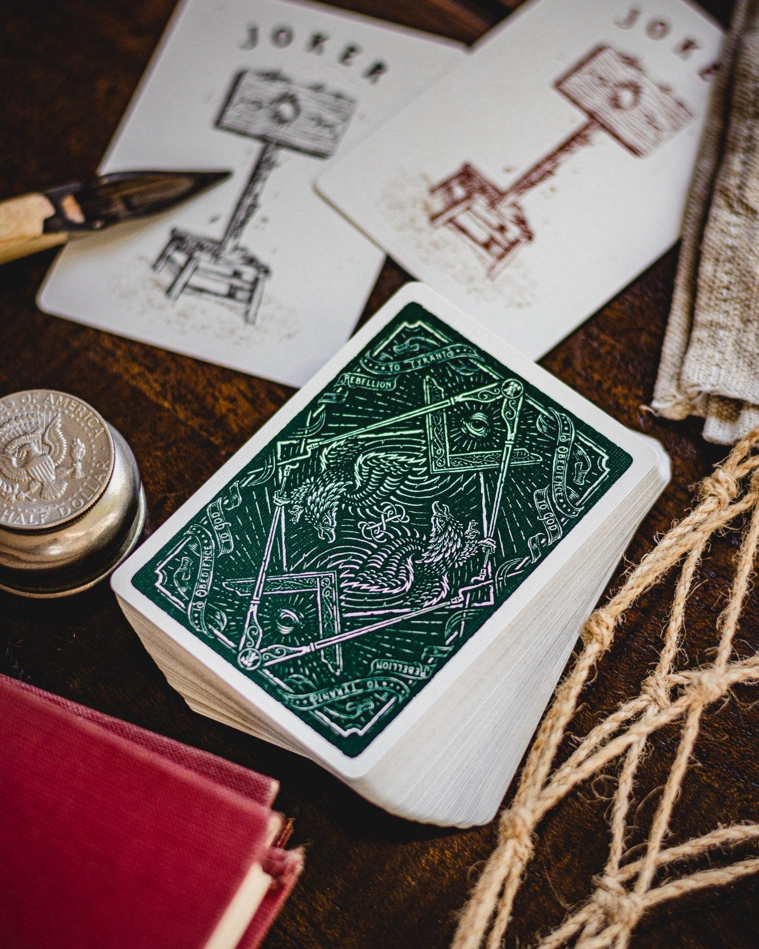 Sons of Liberty Playing Cards - Green Edition | Patriotic American Revolution Theme Deck for Poker, Magic Tricks & Collectors | Perfect for Game Nights, Gifts & History Enthusiasts