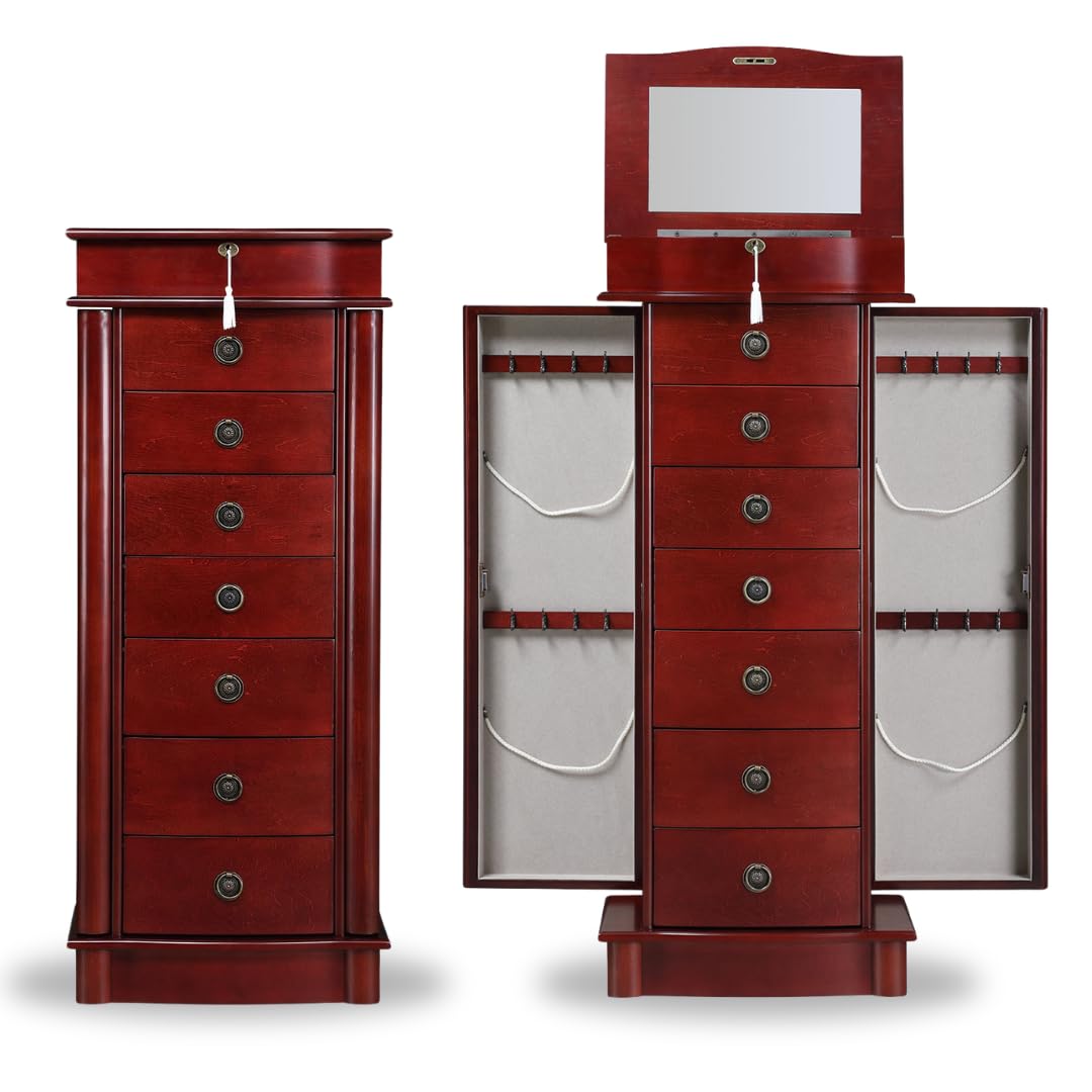 Hives & Honey Noel Standing Jewelry Armoire Cabinet - Locking Jewelry Storage Organizer with Flip Mirror, 2 Side Doors & 7 Drawers | Jewelry Chest for Necklaces, Earrings, Bracelets | Cherry Wood Finish | Perfect for Bedroom, Closet & Dressing Room Organization