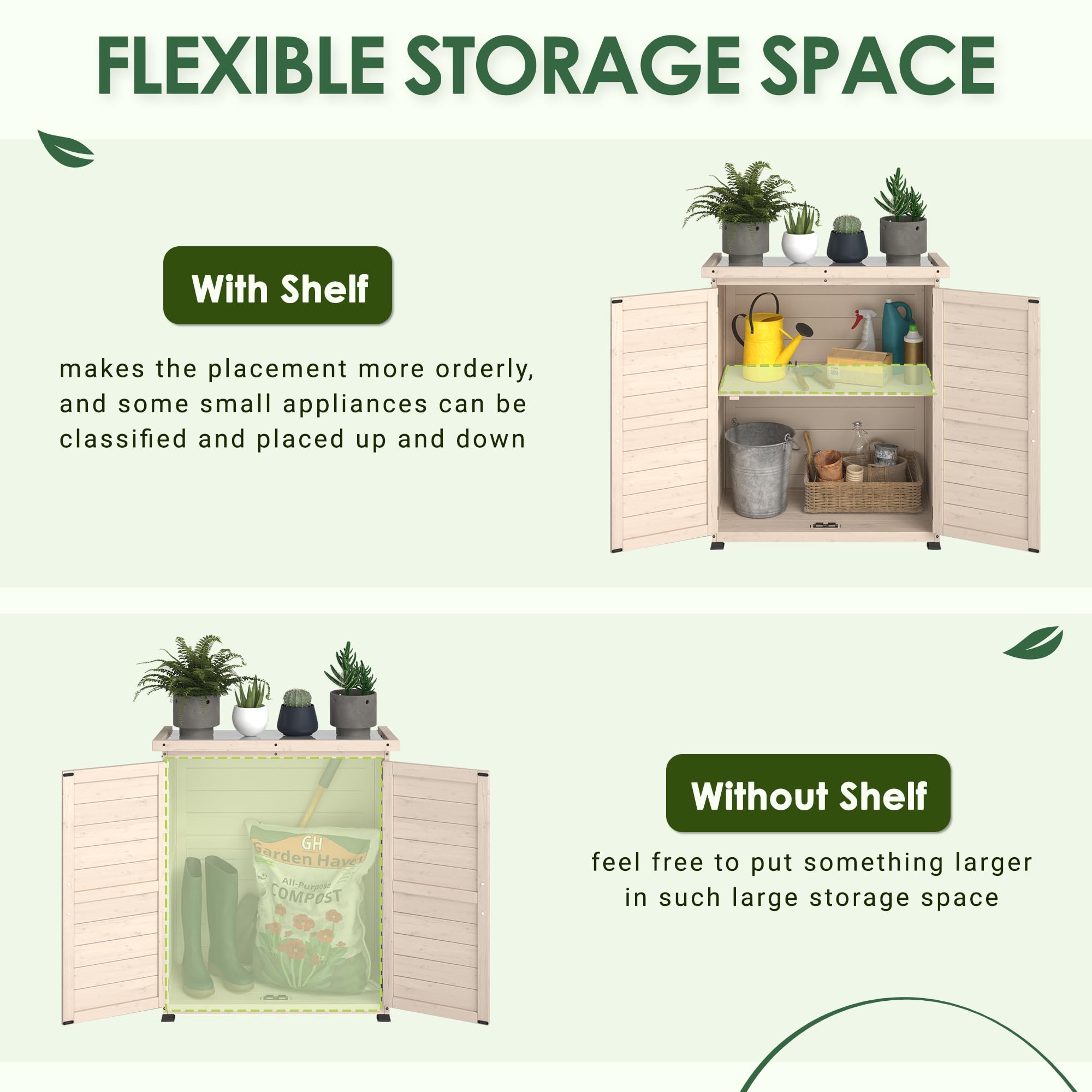 AECOJOY Outdoor Storage Cabinet & Garden Potting Bench - Solid Wood Planting Work Table with Metal Tabletop & Adjustable Shelves (Beige) - Perfect for Gardening, Organizing Tools & Outdoor Decor
