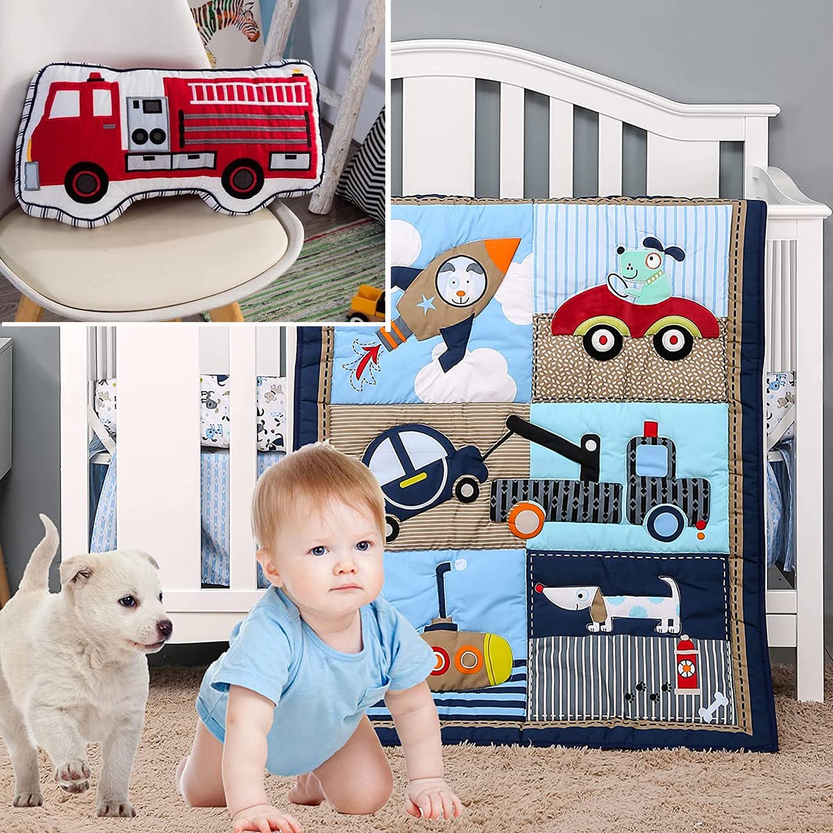 Brandream Boys Fire Truck Pillow & 3Pcs Car Themed Baby Crib Bedding Set with Rocket Submarine Patchwork - Perfect for Nursery Decor, Toddler Room, and Kids Birthday Gifts