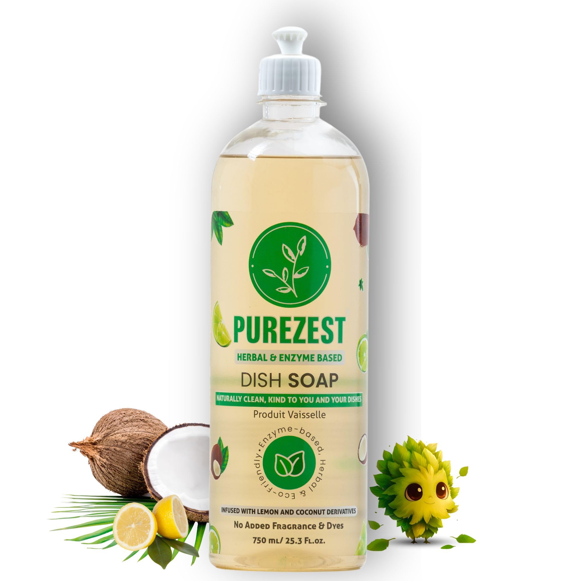 PUREZEST Herbal & Enzyme Based Dish Liquid 750ml | Plant-Based Natural Eco-Friendly Dishwashing Liquid with Lemon Oil | Tough Grease Remover | Gentle on Hands | Perfect for Kitchen, Camping & RV Use