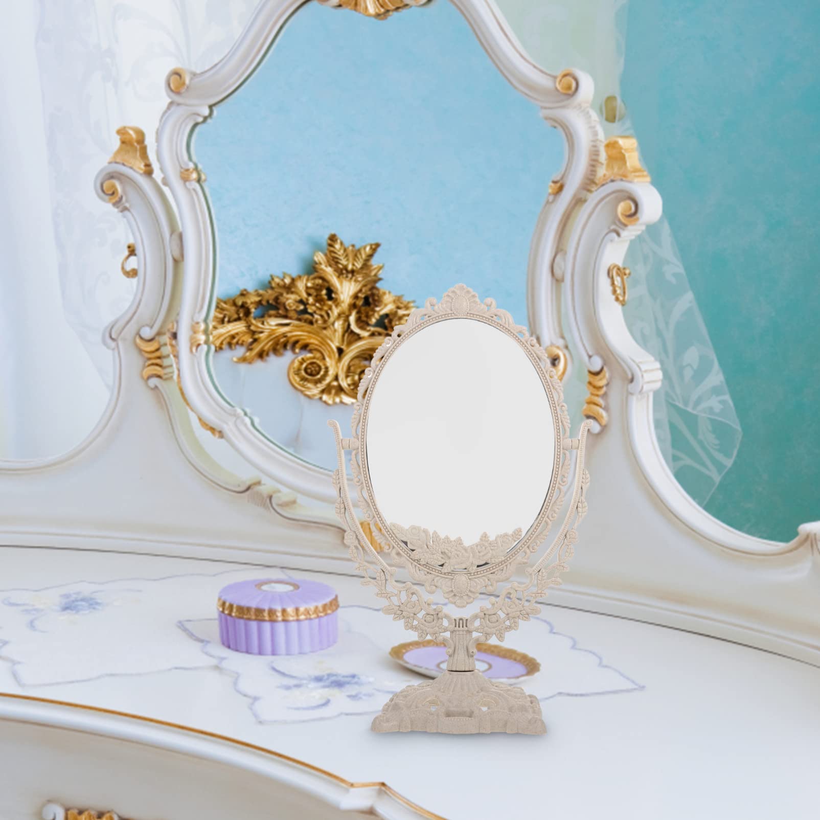 Beaupretty European Style Vanity Mirror - Double Sided Oval Makeup Mirror with Stand for Bathroom & Bedroom | Retro Tabletop Cosmetic Mirror for Makeup Application, Skincare Routine & Dressing Table Decor