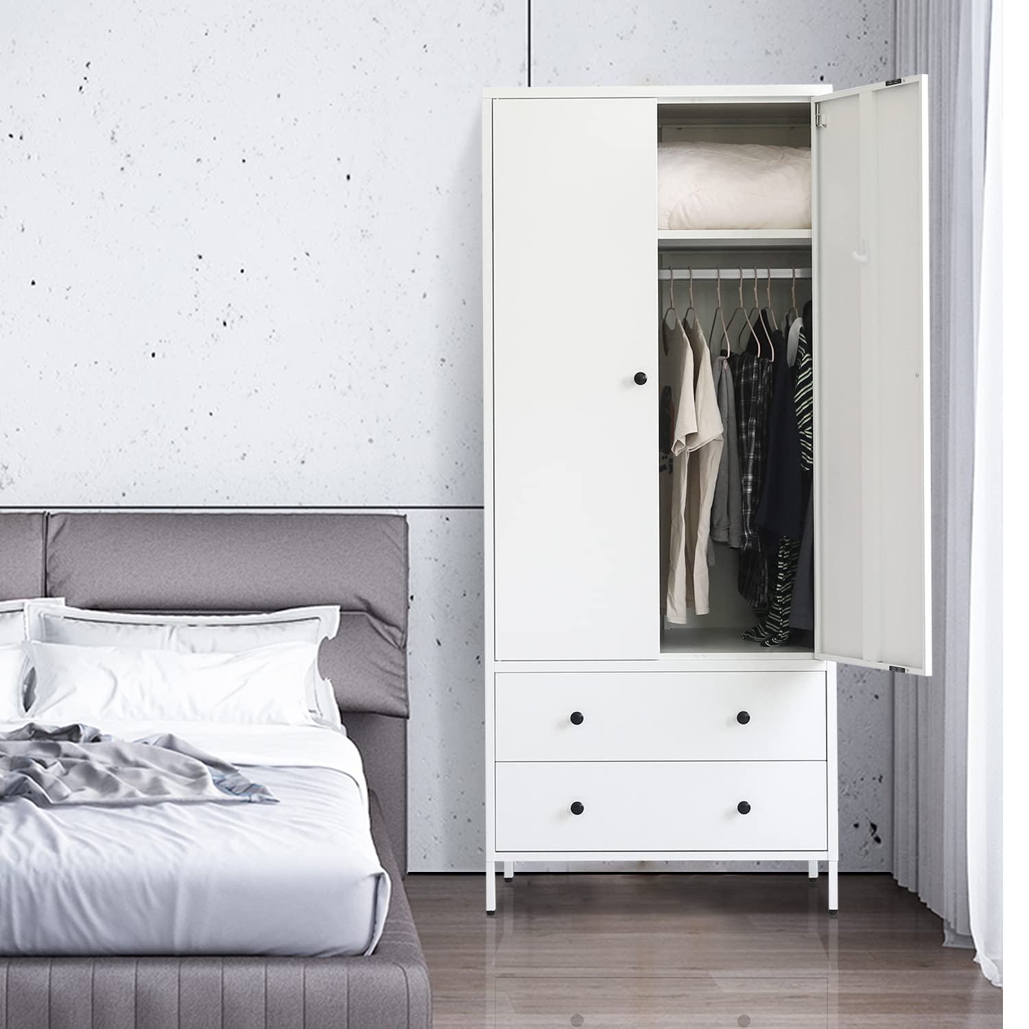 BESFUR Freestanding Wardrobe Closet - White Metal Armoire with 2 Drawers & Adjustable Hanging Rod, 20