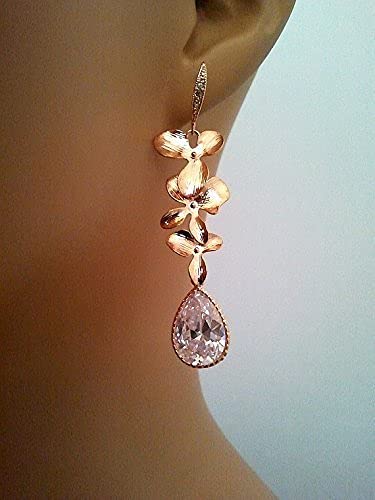 Elegant Rose Gold Orchid Drop Earrings for Women – Perfect for Weddings, Parties & Special Occasions