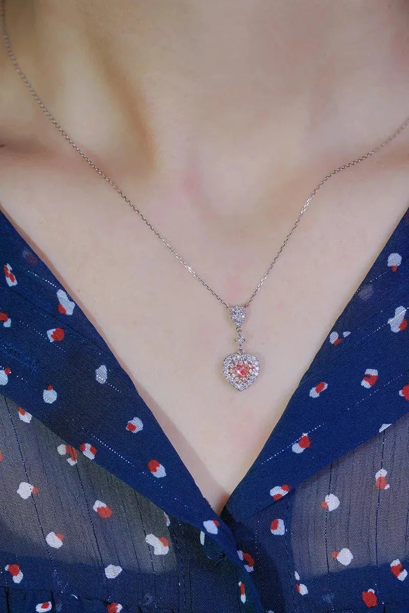 18K White Gold Heart Pendant Necklace with Real Natural Pink Diamond - Elegant Women's Wedding Jewelry for Brides, Anniversaries & Special Occasions