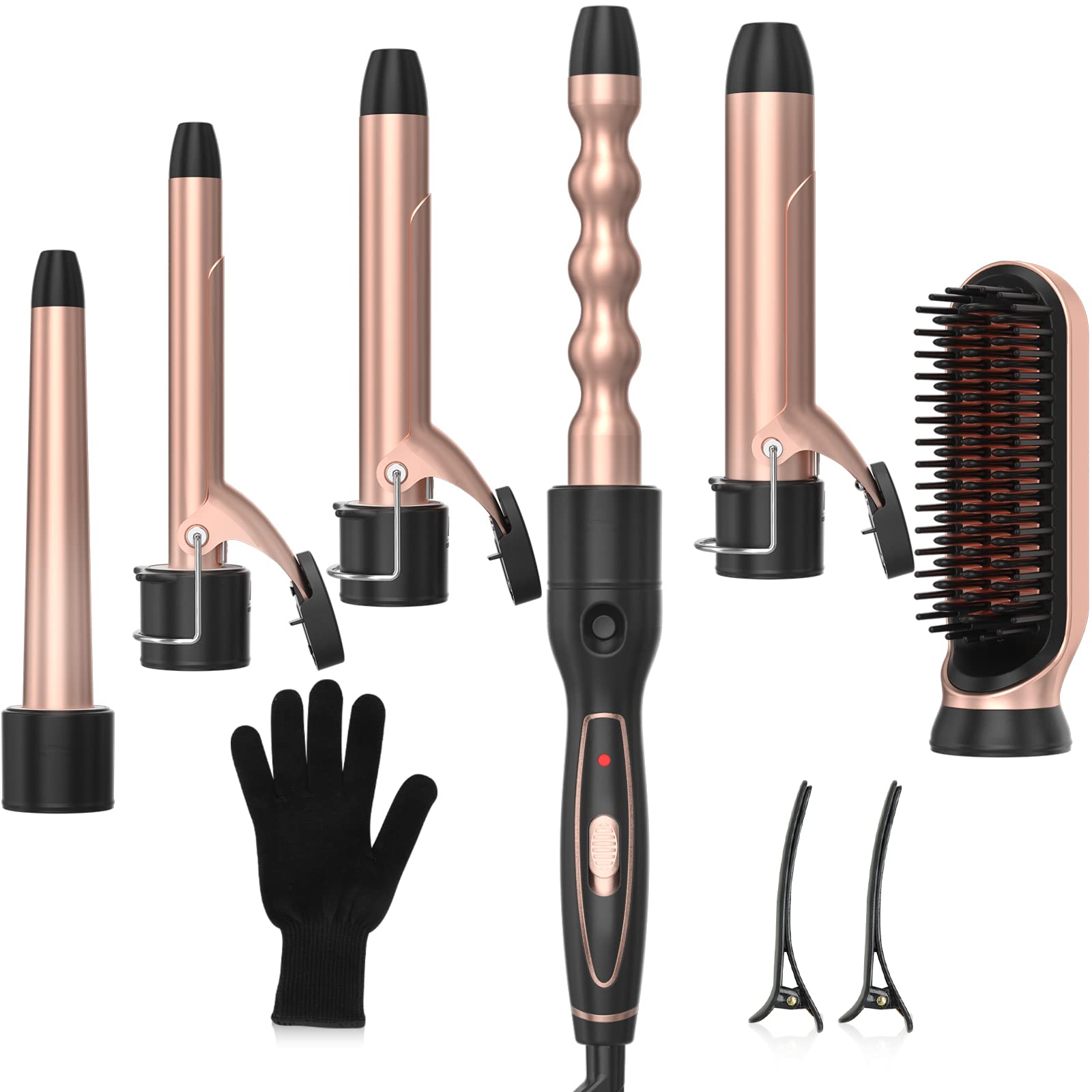 6-in-1 Professional Ceramic Curling Iron Wand Set with Straightener Brush & Heat Resistant Glove - 6 Interchangeable Barrels for Beach Waves, Tight Curls & Sleek Styles - Perfect for Home Styling, Salon Use & Special Occasions
