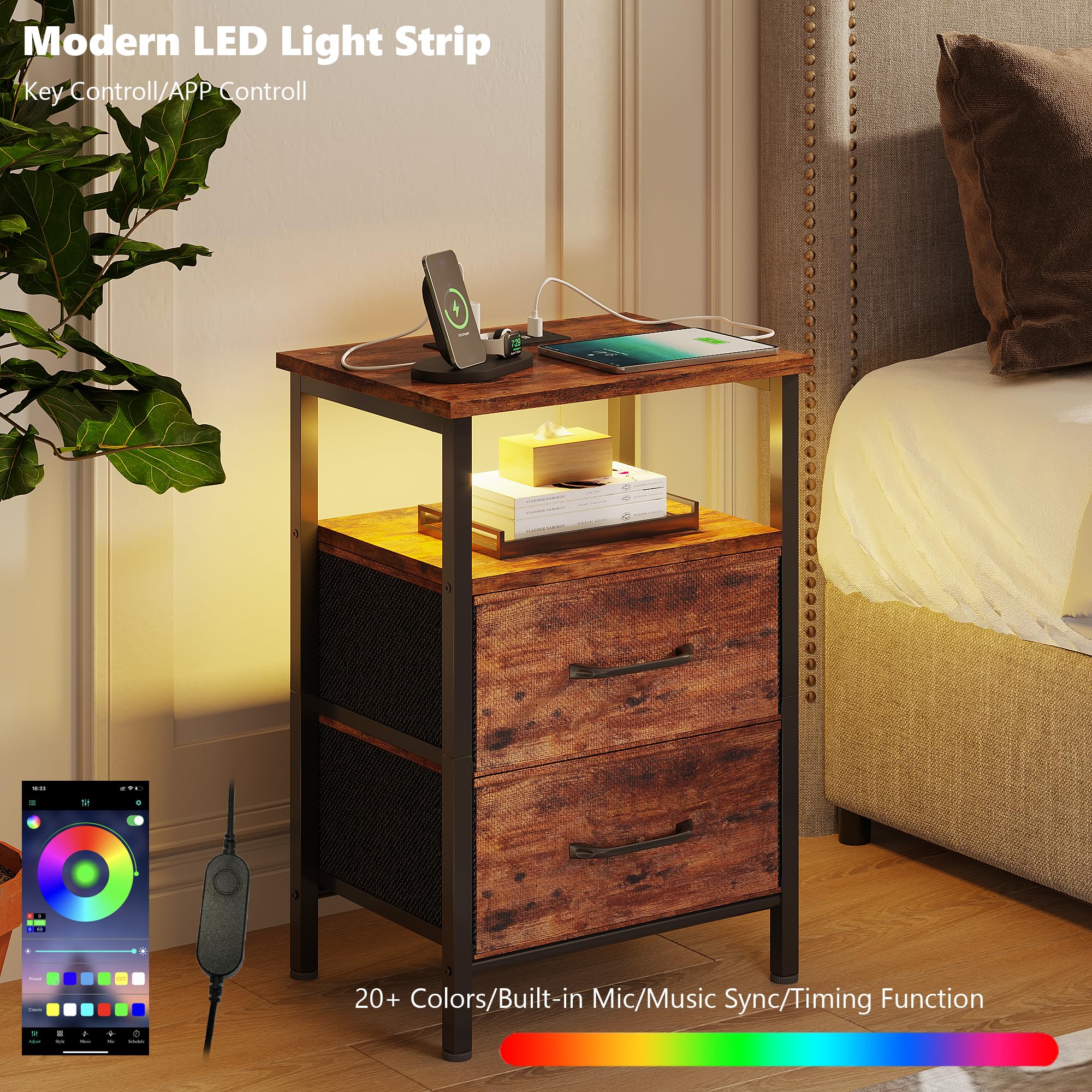 2-Piece Nightstand Set with USB Charging Station & LED Lights - Rustic Brown Bedside Tables with 2 Fabric Drawers & Open Shelf - Perfect for Bedroom, Living Room, or Dorm Organization & Storage