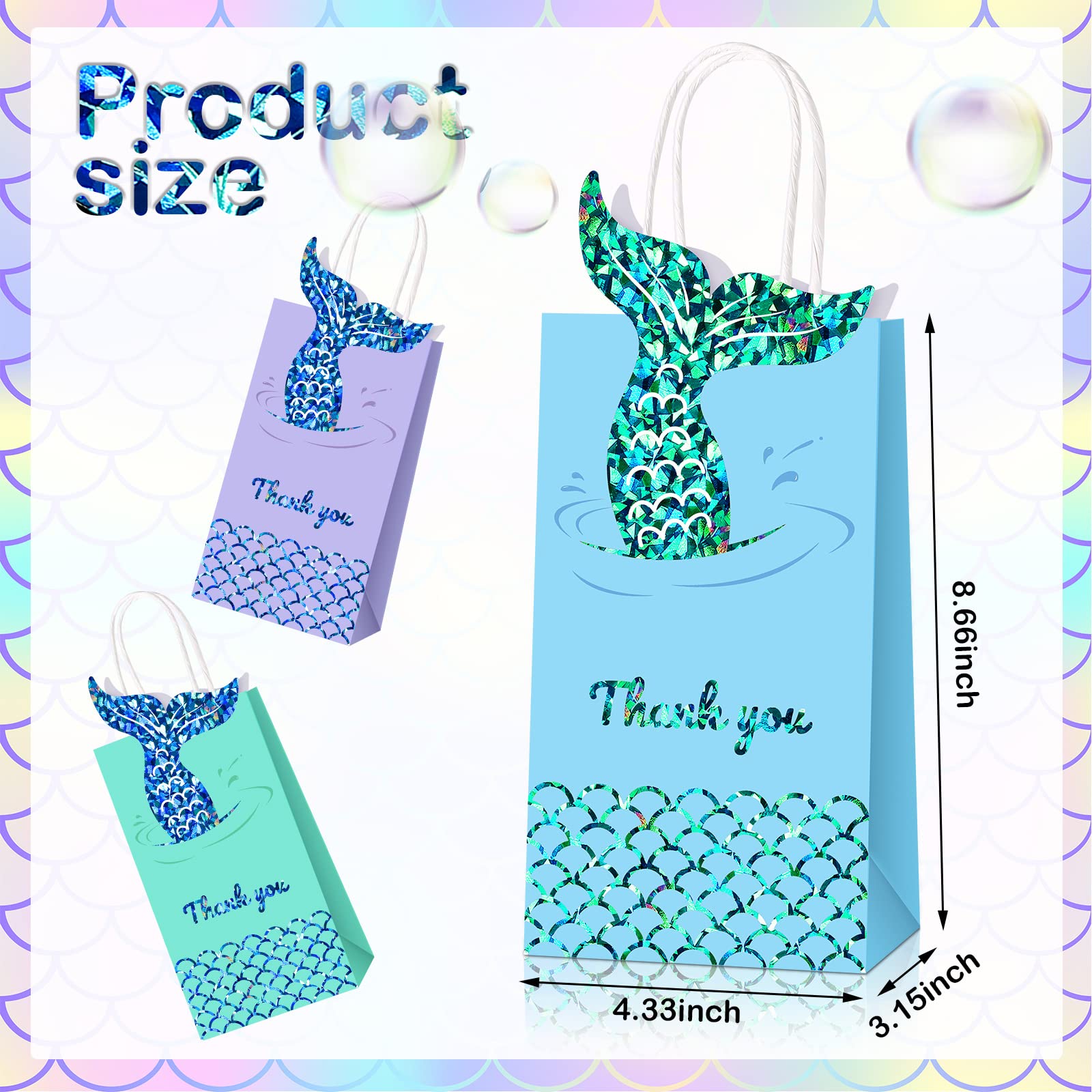 Sabary 18 Pcs Mermaid Party Favor Bags - Paper Gift Goodie Treat Candy Bags with Handles for Girls Birthday, Baby Shower & Mermaid Themed Events - Perfect for Party Decorations, Favors and Sweet Treats