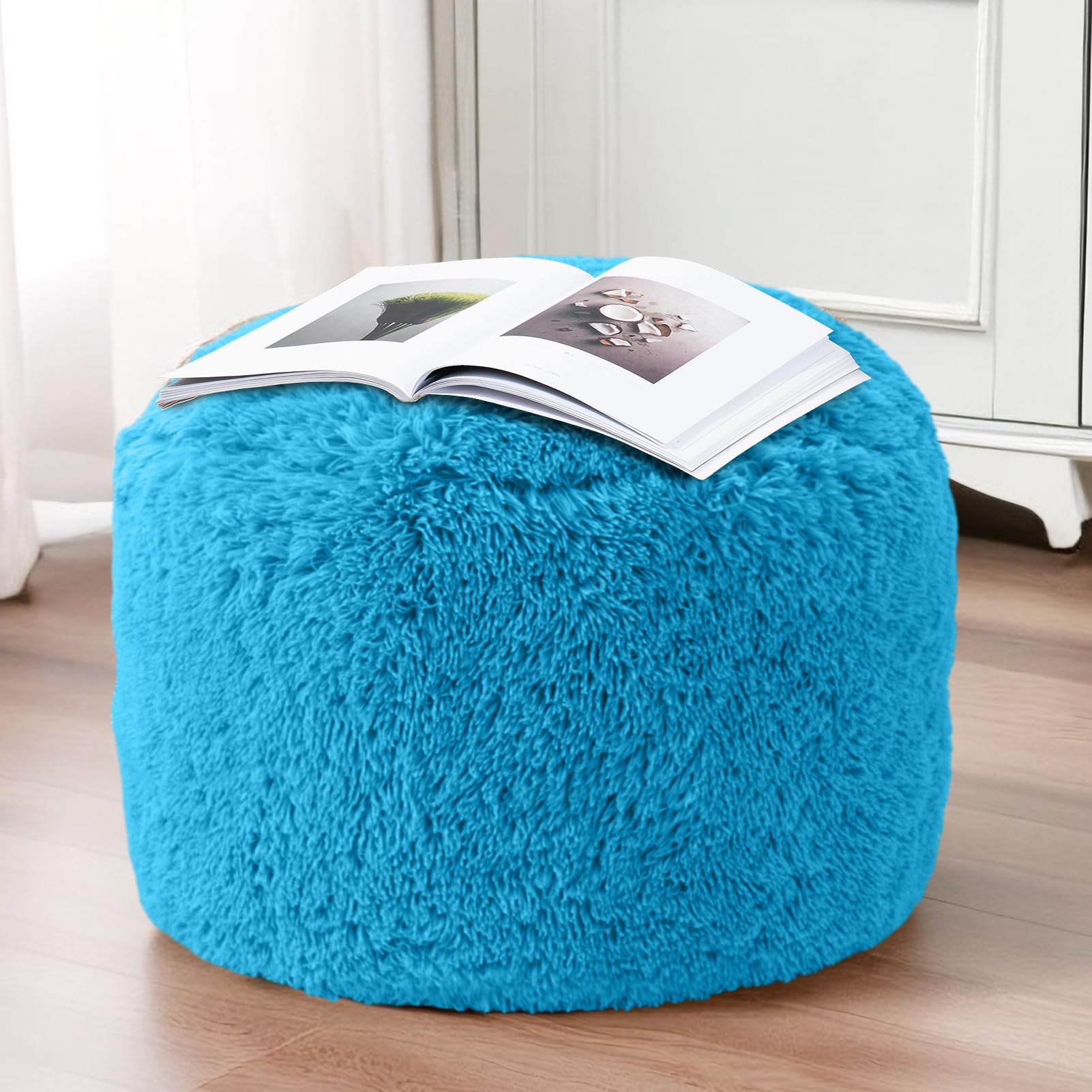 MAXYOYO Round Stuffed Pouf Ottoman - Long Faux Fur Footrest with Foam Chunk Filling, Blue - Perfect for Living Room, Bedroom & Nursery Decor