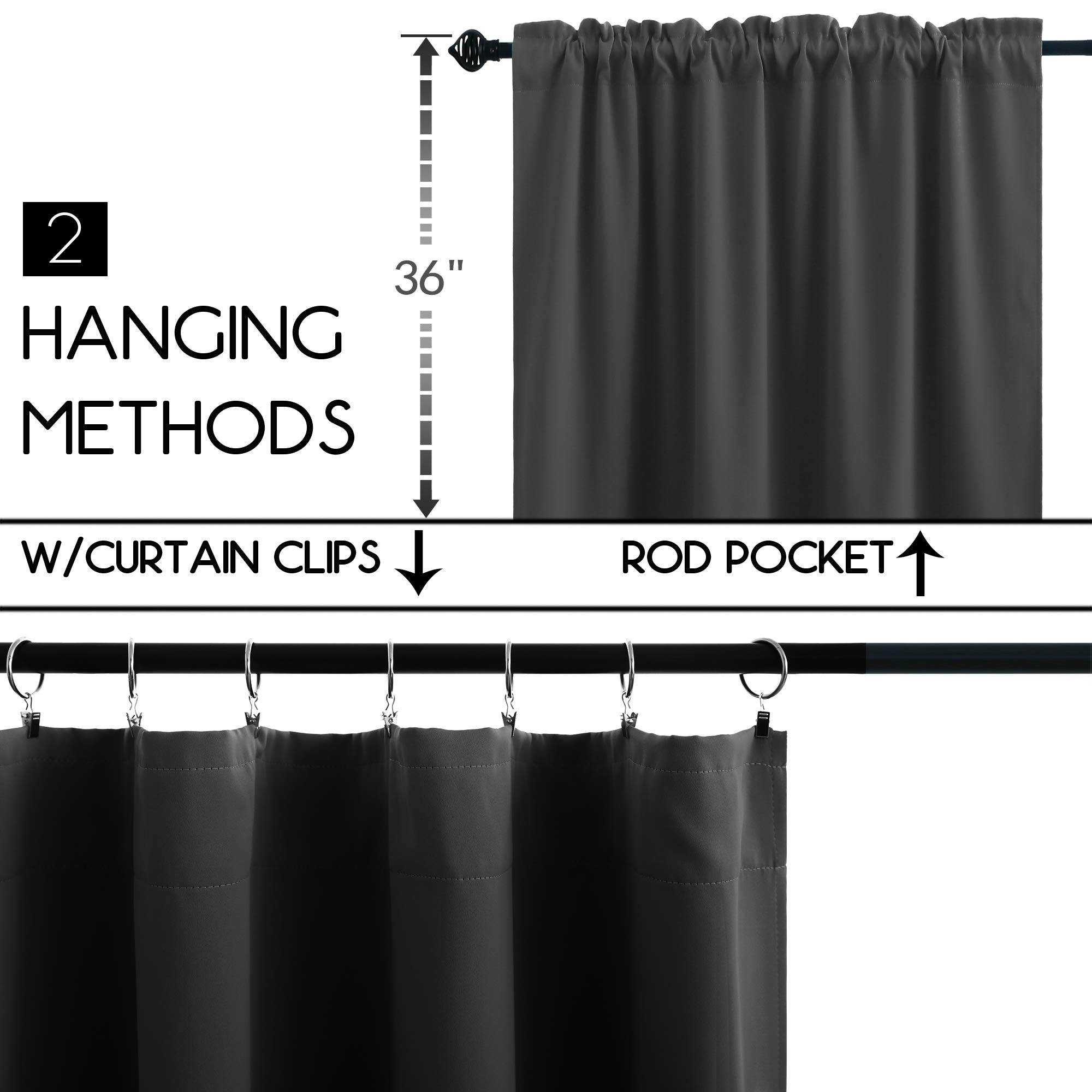 KOUFALL Short Blackout Curtains 36 Inches Long, Set of 2 Panels - Room Darkening Cafe Tier Curtains with Rod Pocket, Dark Gray (52x36 Inches) for Bathroom, Kitchen & Small Windows - Perfect for Privacy, Light Control & Home Decor