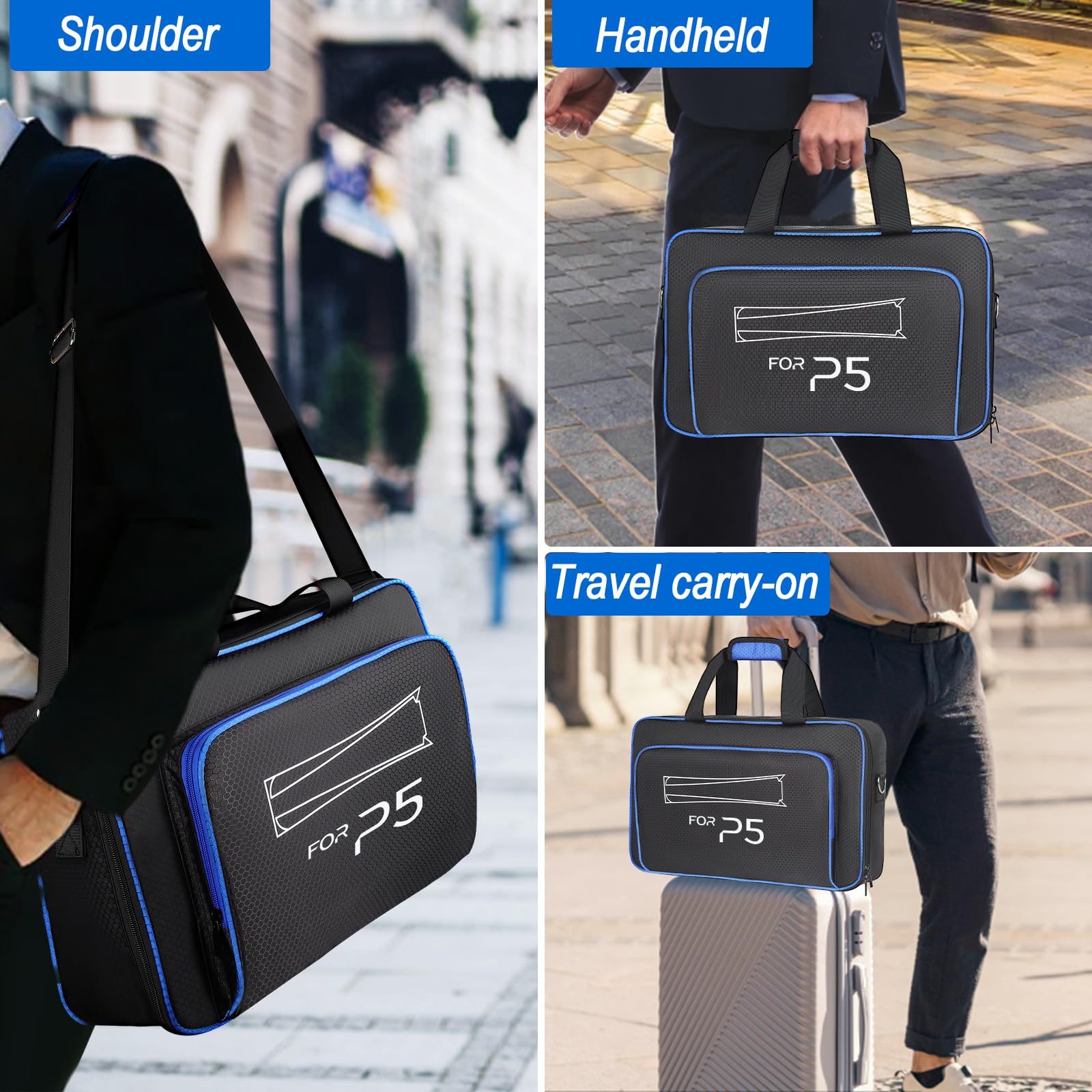 Premium Shockproof PS5 Slim & PS5 Travel Carrying Case - Compatible with PS5 Disc/Digital Edition & PS5 Slim - Durable Protective Bag for Gaming Console Storage & Travel (Black & Blue) - Perfect for Air Travel, Commuting & Home Storage