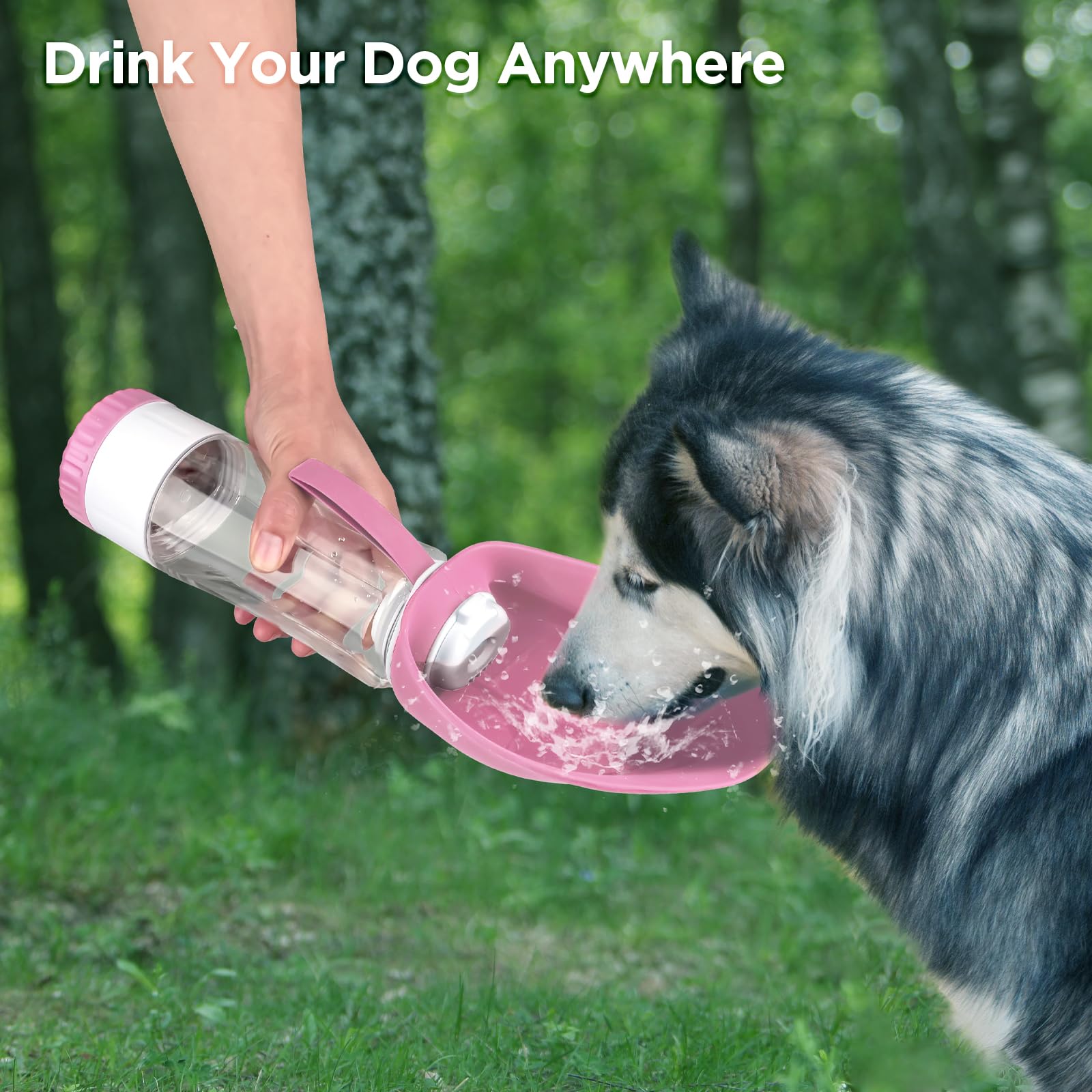Portable Dog Water Bottle with Food Container - Leakproof BPA-Free Foldable Pet Water Dispenser & Drinking Feeder for Outdoor Walking, Hiking, Travel - Perfect for Dogs, Puppies & Pets on the Go (Large, Pink)