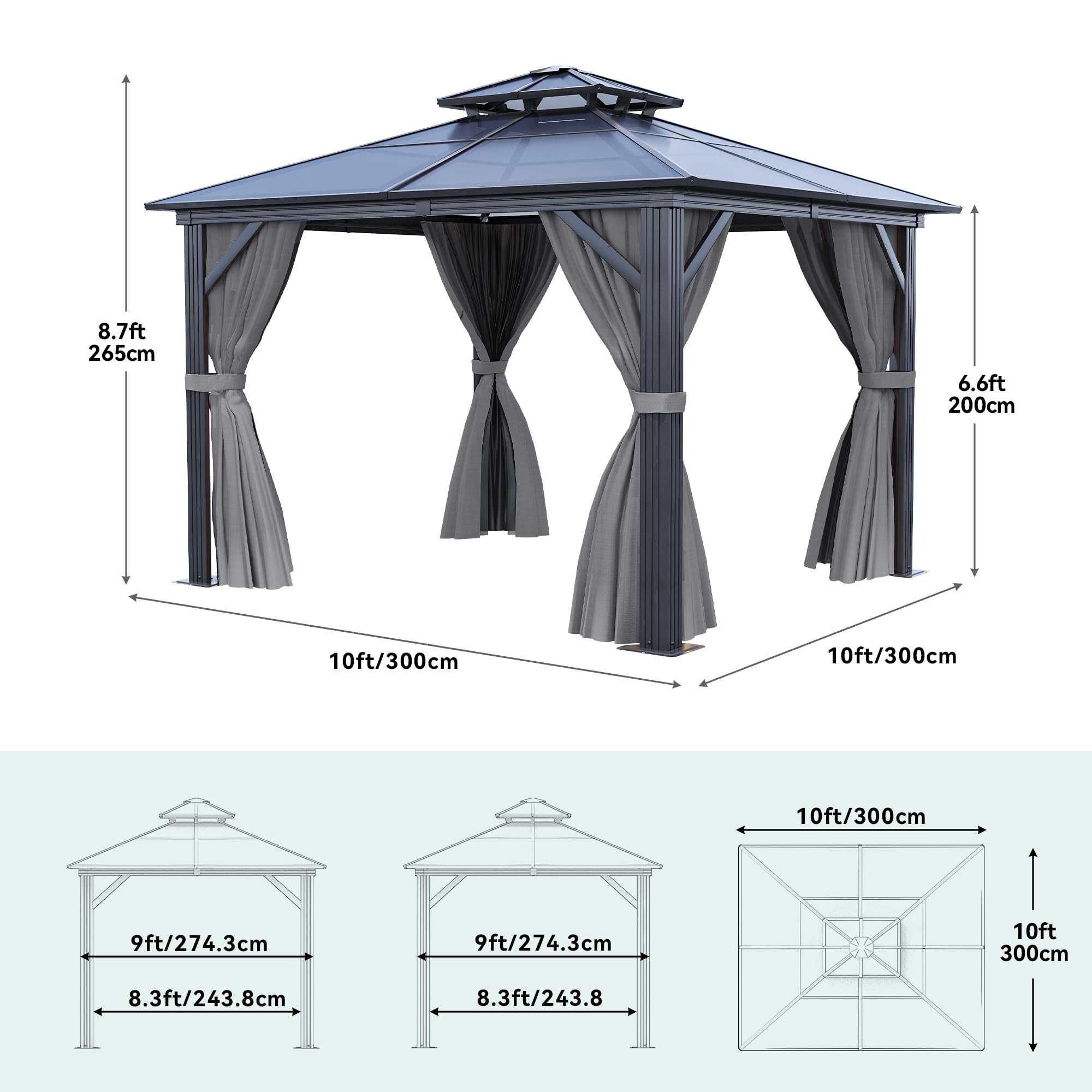 YITAHOME 10x10FT Polycarbonate Hardtop Gazebo with Double Roof, Netting & Shaded Curtains - Aluminum Frame Outdoor Canopy Tent for Patio, Backyard, Deck, Garden - Perfect for Outdoor Dining, BBQ Parties & Summer Relaxation (Grey)