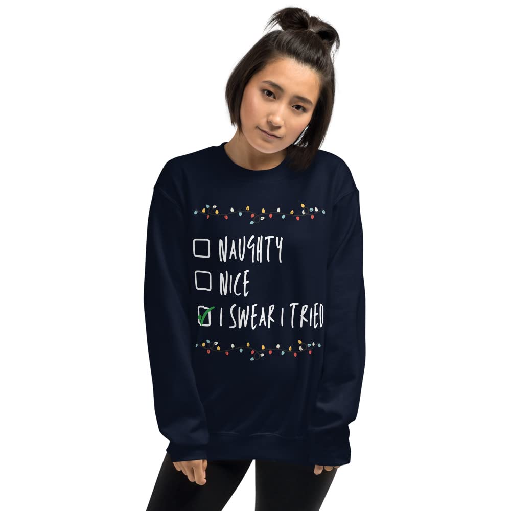 Funny Christmas Sweater for Women - Naughty Nice I Swear I Tried Holiday Sweater | Festive Ugly Christmas Party Outfit for Office, Family Gatherings & Holiday Photos