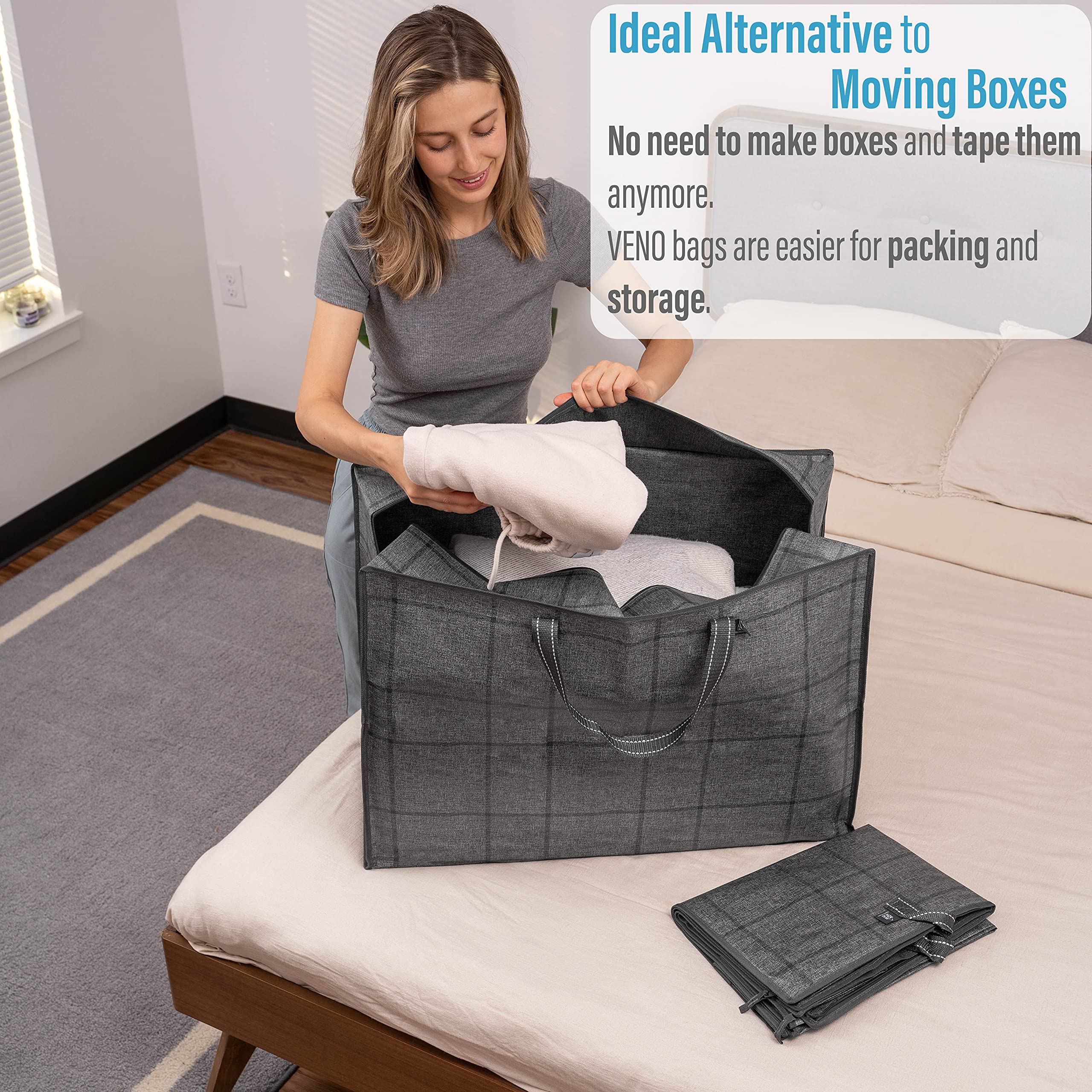 VENO 105L Extra Large Moving Bags with Zippers - Heavy Duty Storage Duffel Bags for Travel, Moving & Storage - Water Resistant Garment Bags (Set of 5, XL) - Perfect for Home Organization, College Dorm Moves & Vacation Packing