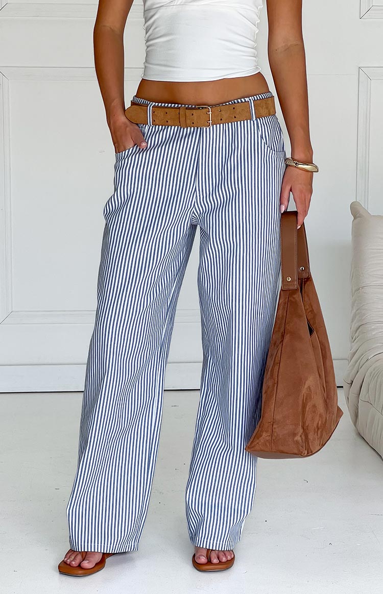 Amity Navy Stripe Mid Rise Straight Leg Jeans for Women - Comfortable Stretch Denim Pants, Casual & Office Wear, Perfect for Everyday Outfits and Work Attire