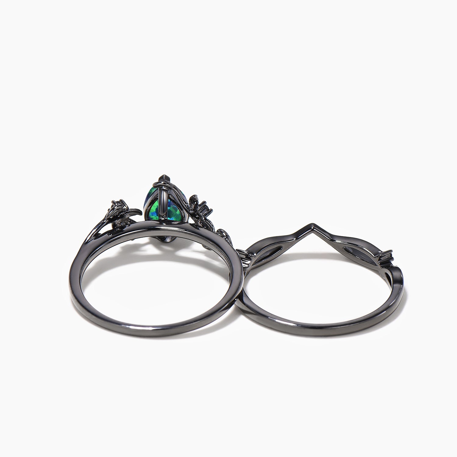 Black Opal Teardrop Leaf Wedding Ring Set - Nature Inspired Black Gold Bridal Jewelry for Engagement, Anniversary & Special Occasions