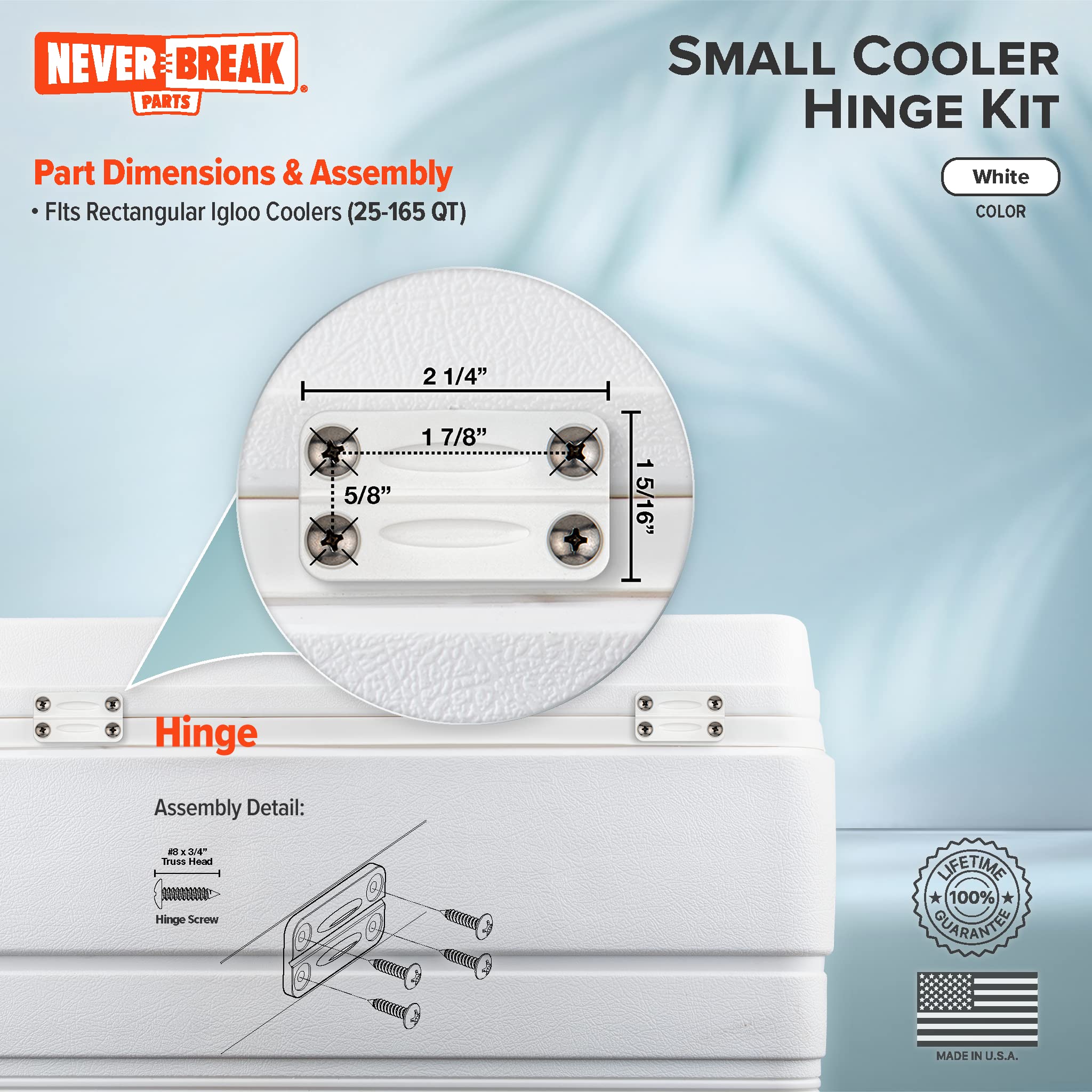 NeverBreak Parts - 2 Pack High Strength White Igloo Cooler Hinges Replacement with Screws | Durable Ice Chest Repair Kit for Outdoor Camping, Picnics, and Tailgating