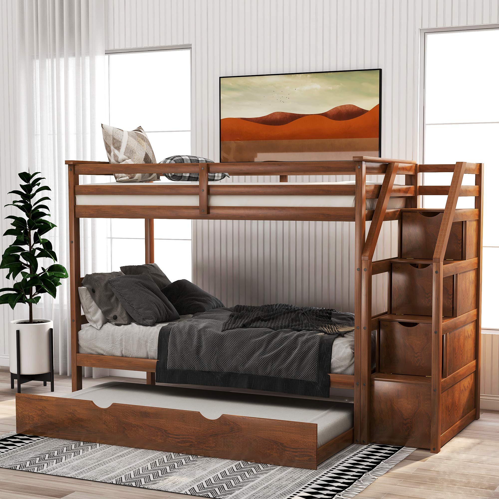 Solid Wood Twin Bunk Bed with Storage & Staircase - Kids/Teens Room Space Saver