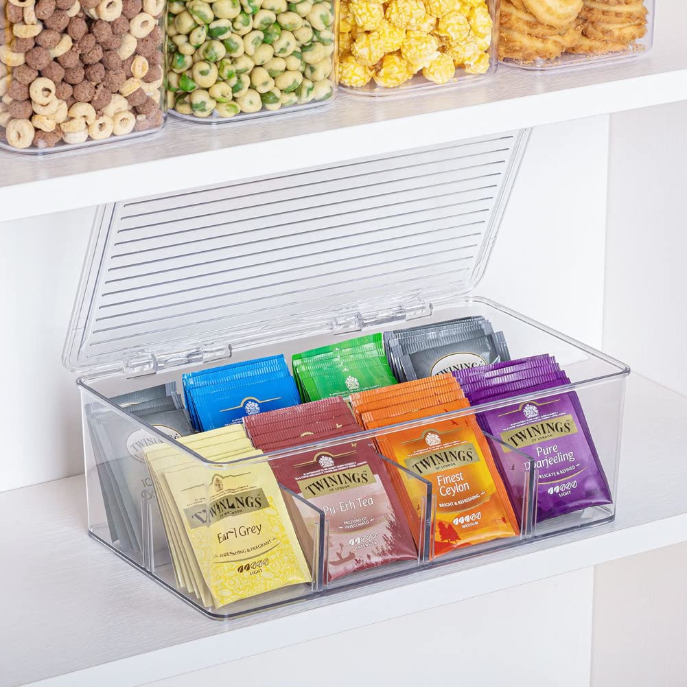 2 Pack Stackable Plastic Tea Bag Organizer - Clear Sugar Packets Storage Box with 8 Grid Compartments for Tea, Coffee & Condiments | Perfect for Kitchen, Office & Restaurant Organization