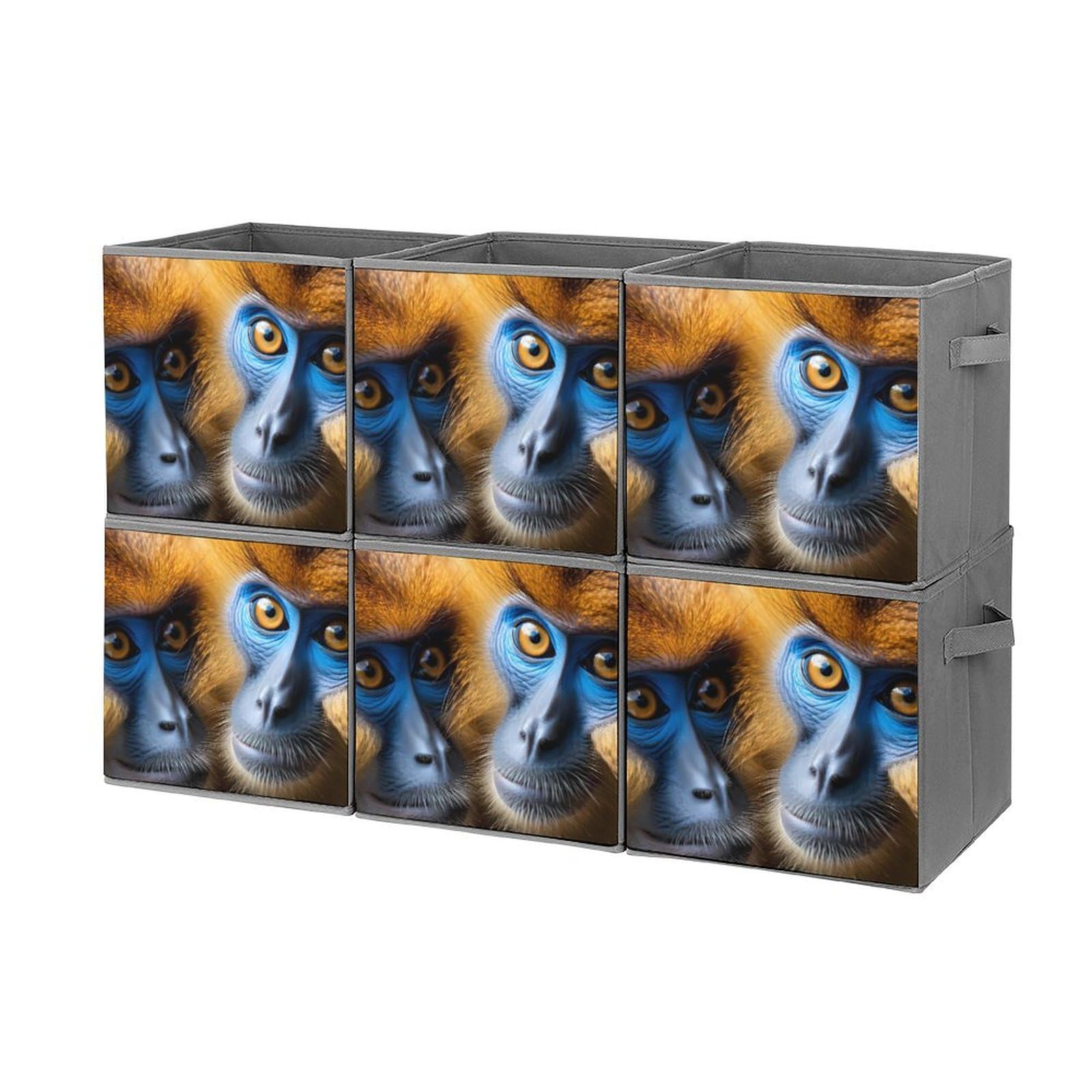 Golden Monkey Face Foldable Storage Cubes - 6 Pack Fabric Organizer Bins with Handles for Closet, Nursery, Office & Home Organization | Space-Saving Storage Solution
