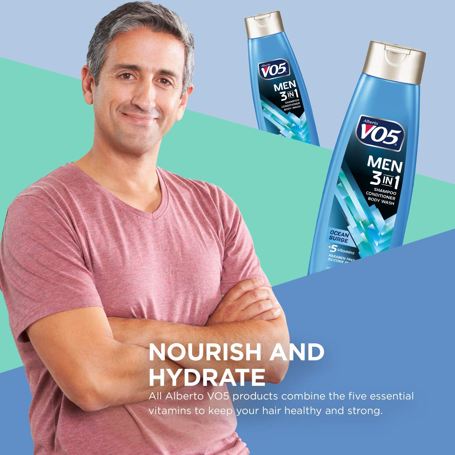VO5 Men's 3-in-1 Shampoo, Conditioner & Body Wash - 12.5 oz Ocean Surge with 5 Essential Vitamins (A, H, C, B5, B3) for Hydrated Hair & Skin - Perfect for Gym, Travel & Daily Shower Routine