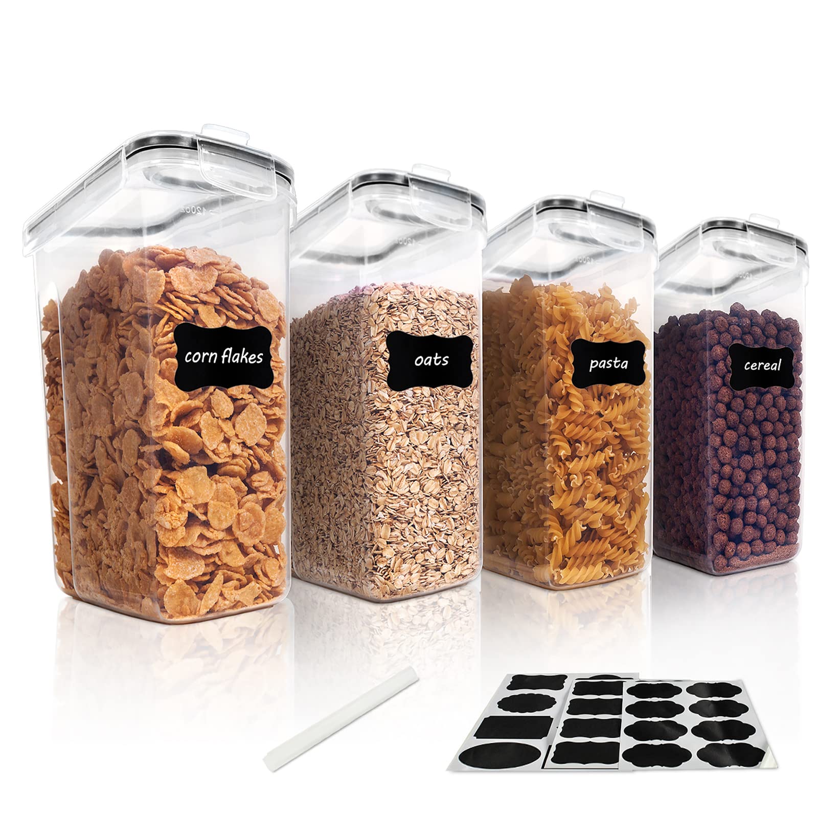 4-Pack 4L Plastic Airtight Cereal Storage Containers with Lids - BPA-Free Food Grade Kitchen Organization Set Includes 24 Labels & Marker - Perfect for Pantry, Flour, Rice, Sugar, Snacks & Dry Food Storage
