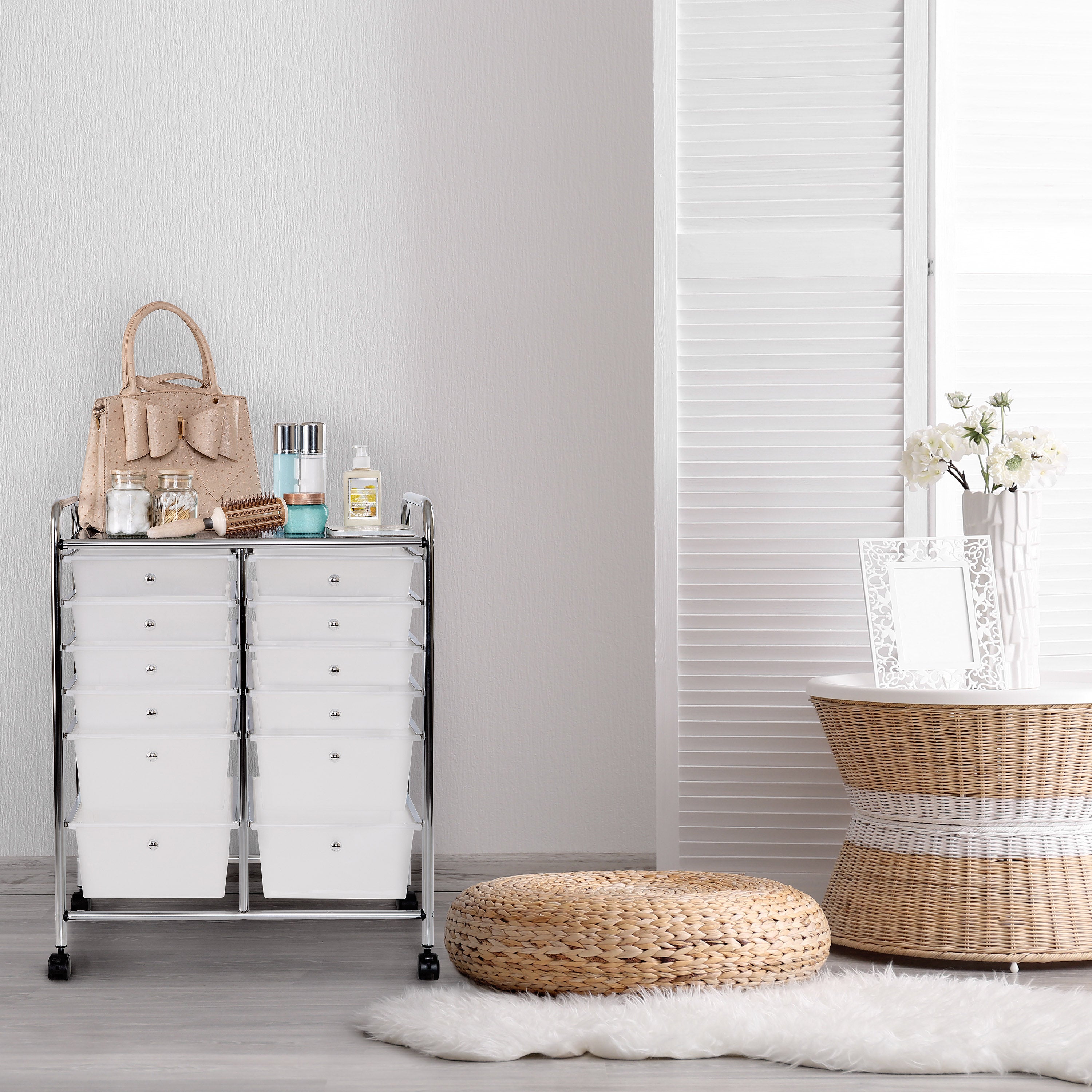 12-Drawer Rolling Organizer Cart with Wheels - Frosted White Storage Cabinet for Office, Craft Room, Kitchen & Bathroom Organization