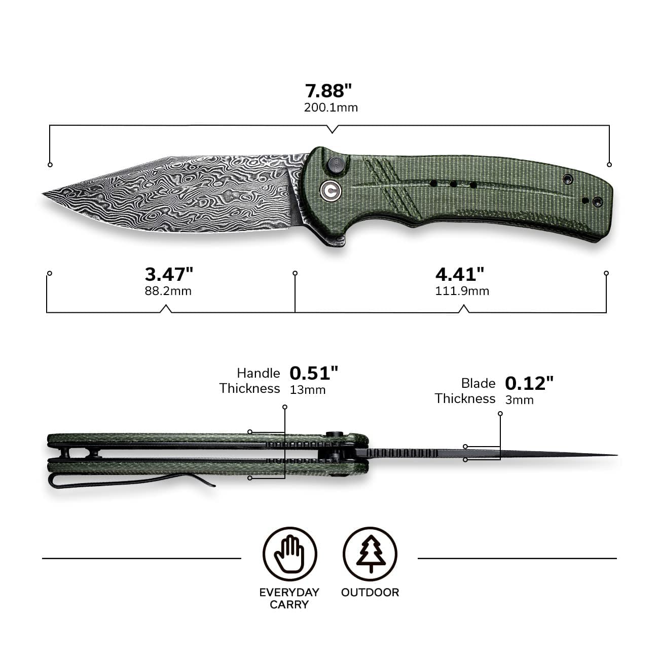 CIVIVI Button Lock Elementum Damascus Folding Knife - Premium EDC Pocket Knife with Razor Sharp Blade for Outdoor, Camping & Everyday Carry