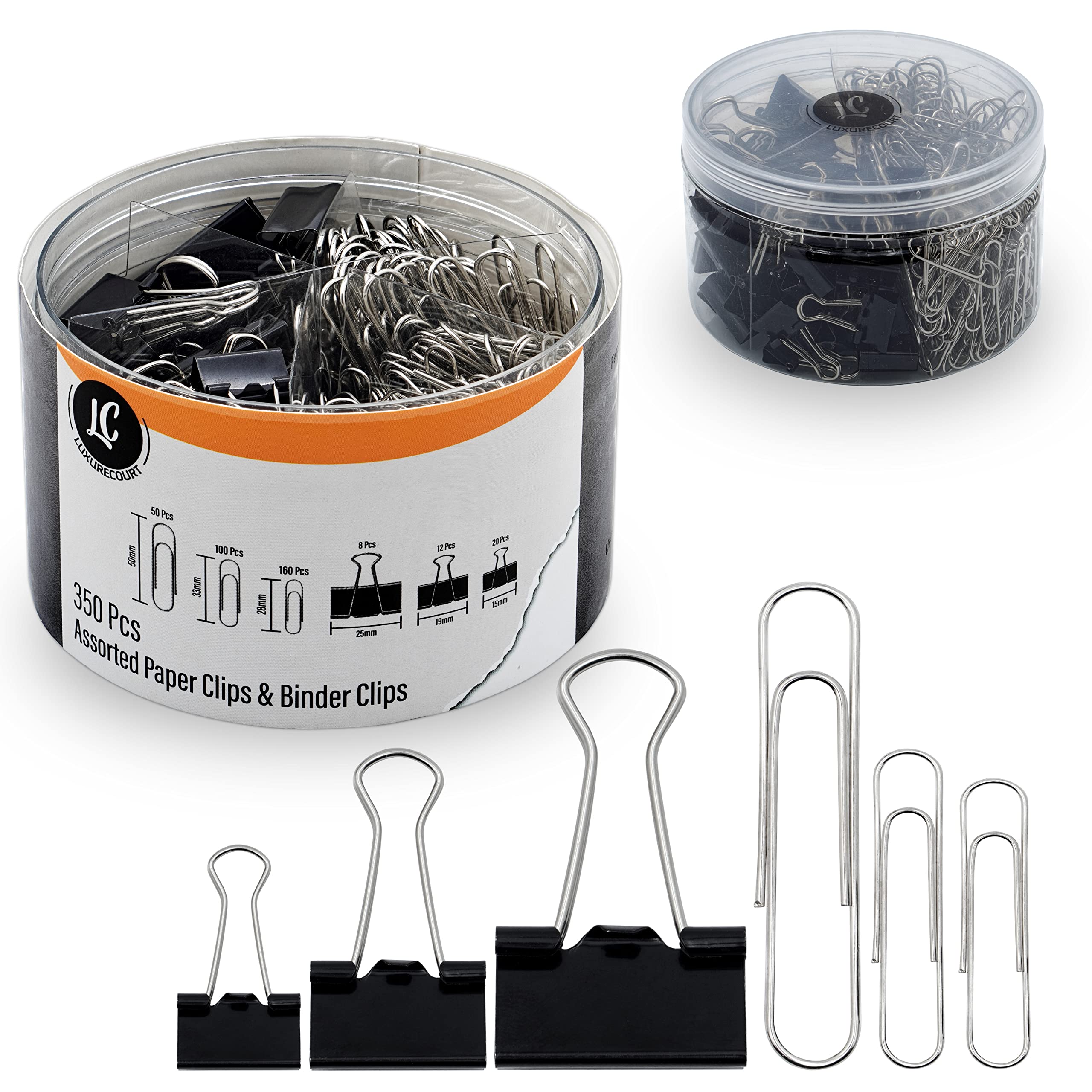 350 Pack Paper Clips and Binder Clips Set - Assorted Sizes Silver & Black Office Supplies for Organizing Documents | Perfect for Home, School, Office Use | Durable Container with Compartments for Easy Storage