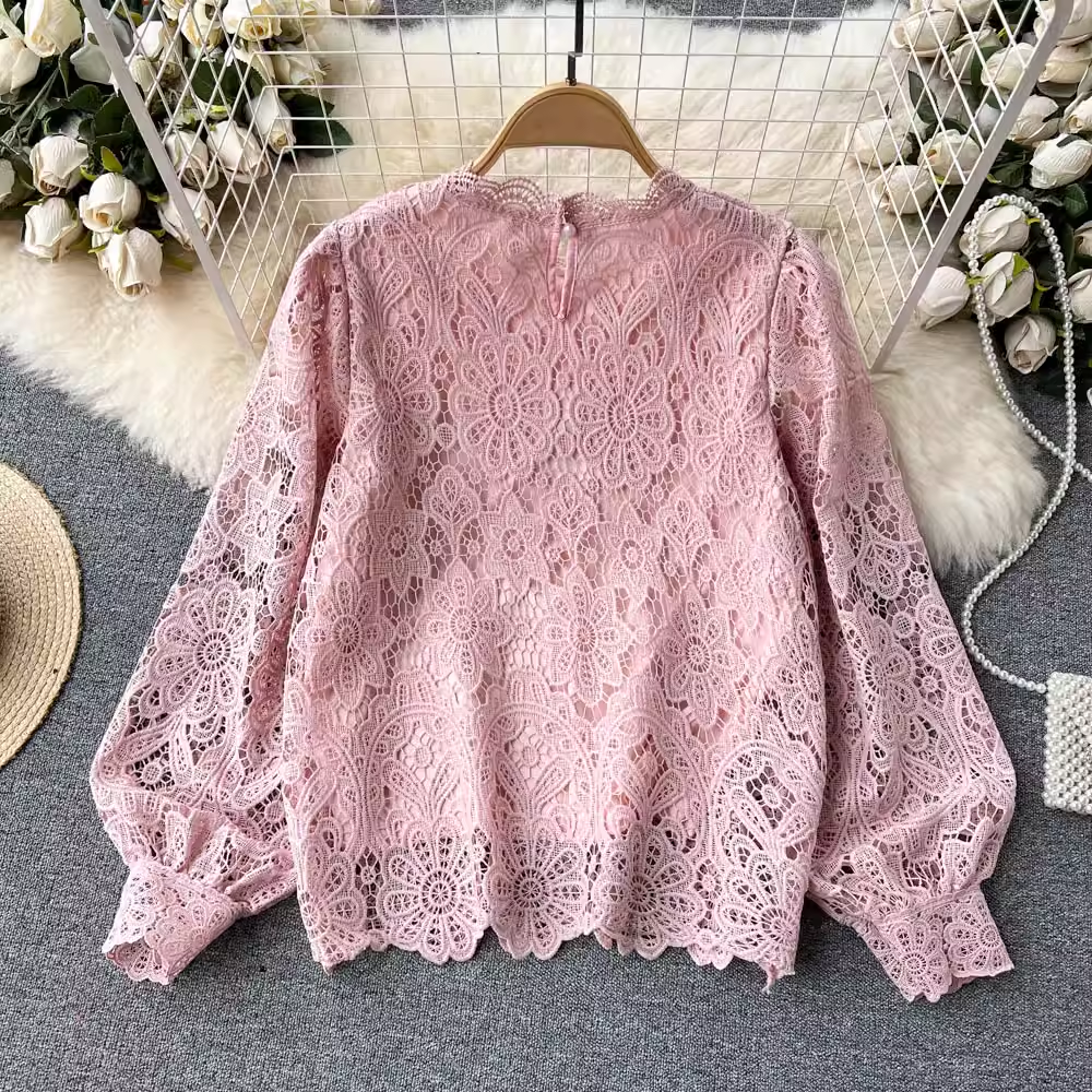 Lace Mesh Hollow Out Long Sleeve Blouse for Women - Spring & Autumn Fashion Top 1065 | Perfect for Office Wear, Date Nights & Casual Outfits