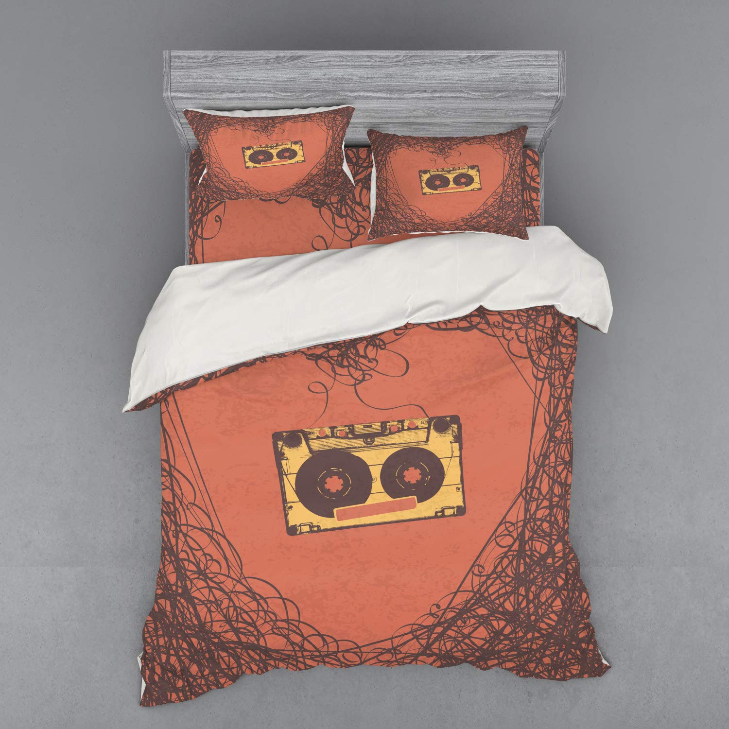 Ambesonne Vintage Music Duvet Cover Set - 4 Piece Queen Size Bedding with Cassette Tape Retro Print, Orange Brown | Perfect for Music Lovers' Bedroom Decor & 70s/80s Themed Rooms
