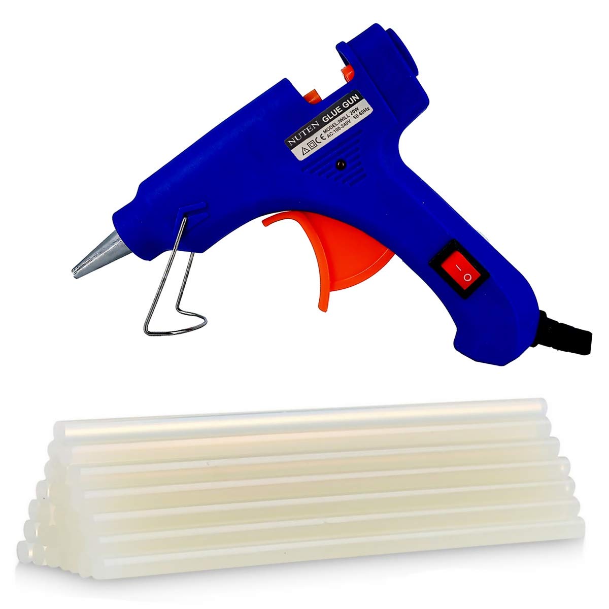 NUTEN 20W 7mm Hot Melt Glue Gun with On/Off Switch & LED Indicator - Includes 10 Free Transparent Glue Sticks (Blue) - Perfect for DIY Crafts, Home Repairs, and Woodworking Projects
