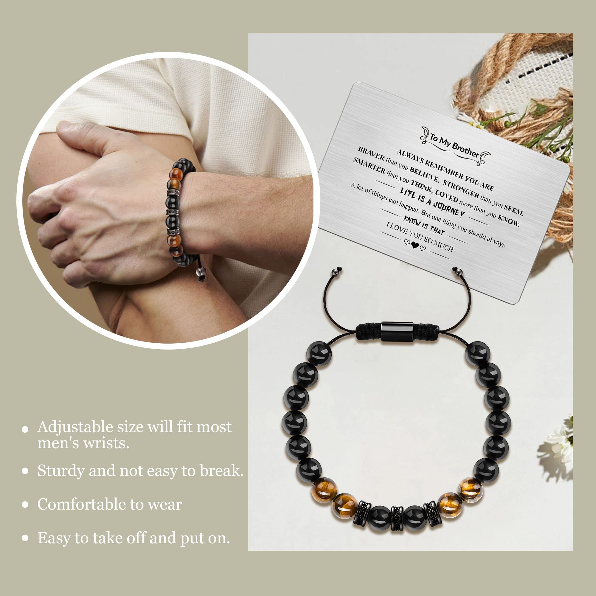 Tiger Eye Beaded Bracelet for Men - Adjustable I Love You Gift for Dad, Anniversary, Birthday